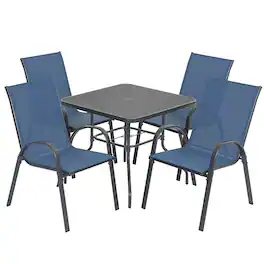 Nuu Garden - 5-Piece Metal and Textilene Outdoor Dining Set, 4 Stackable Chairs and Tempered Glass Table with Umbrella Hole - Black and Blue