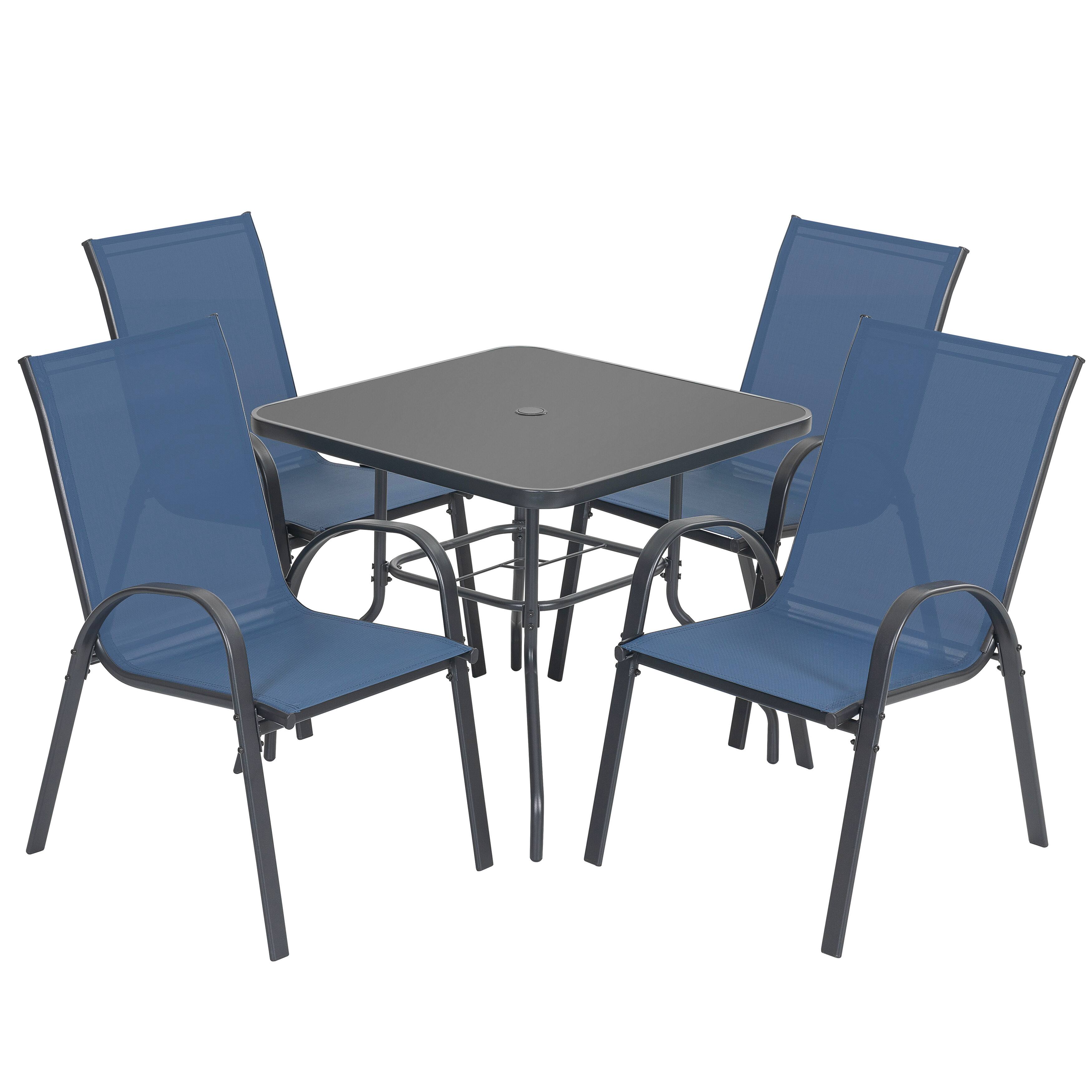 Front. Nuu Garden - 5-Piece Metal and Textilene Outdoor Dining Set, 4 Stackable Chairs and Tempered Glass Table with Umbrella Hole - Black and Blue.