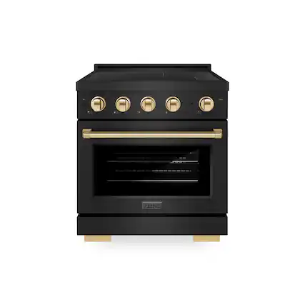 Front. ZLINE - Autograph 30 in. 4.2 cu. ft. Paramount Freestanding Induction Range with 4 Burners in Black Steel with Gold Accents - Black Stainless Steel.