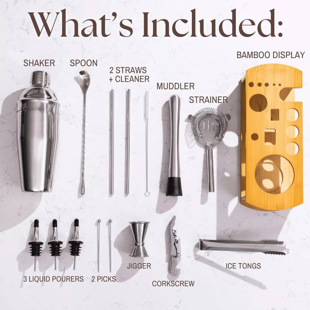 Luminuxe - Cocktail Shaker Set Bartender Kit with Bamboo Stand 16 Piece Barware Mixing Tools, Stainless Steel - Thumbnail 5