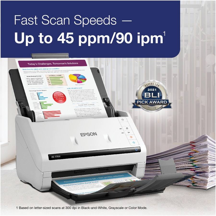 Fast Scan Speeds — Up to 45 ppm/90 ipm¹

Today's Challenges, Tomorrow's Solutions

BUYERS LAB 2021 BLI PICK AWARD TESTED

EPSON DS-7701

1 Based on letter-sized scans at 300 dpi in Black-and-White, Grayscale or Color Mode.