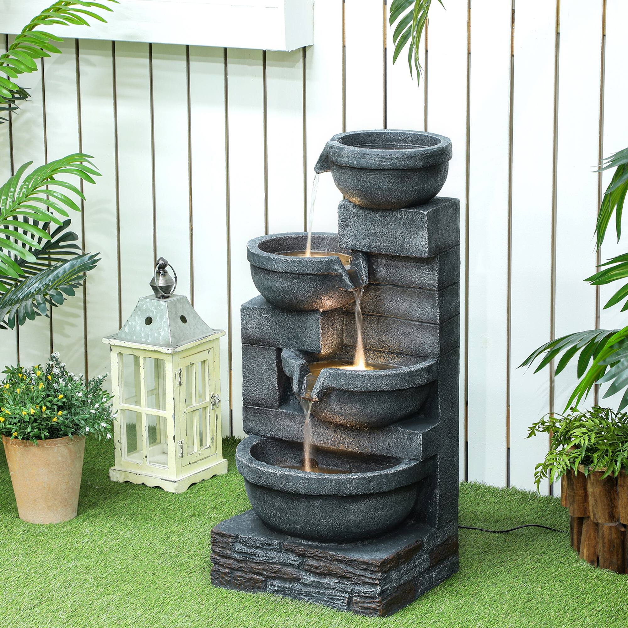 Alt View 1. Outsunny - 30" Tall Outdoor Waterfall Fountain with LED Lights, 4-Tier Resin Cascading Water Bowls with Pump - Gray.