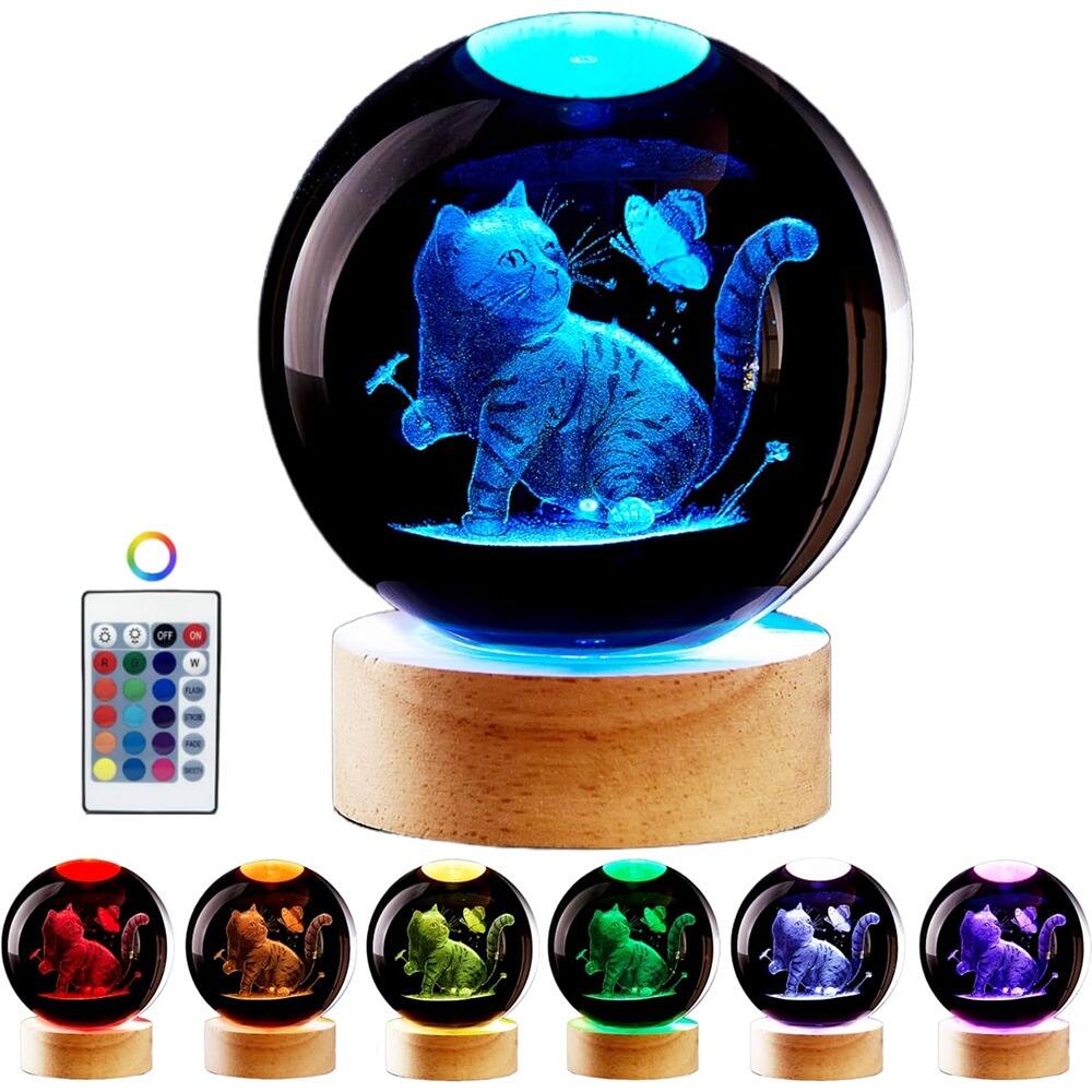 Front. Schertz - Large 3D Cat Crystal Ball Night Light, 16-Color LED with Remote & Wooden Base - ‎crystal.