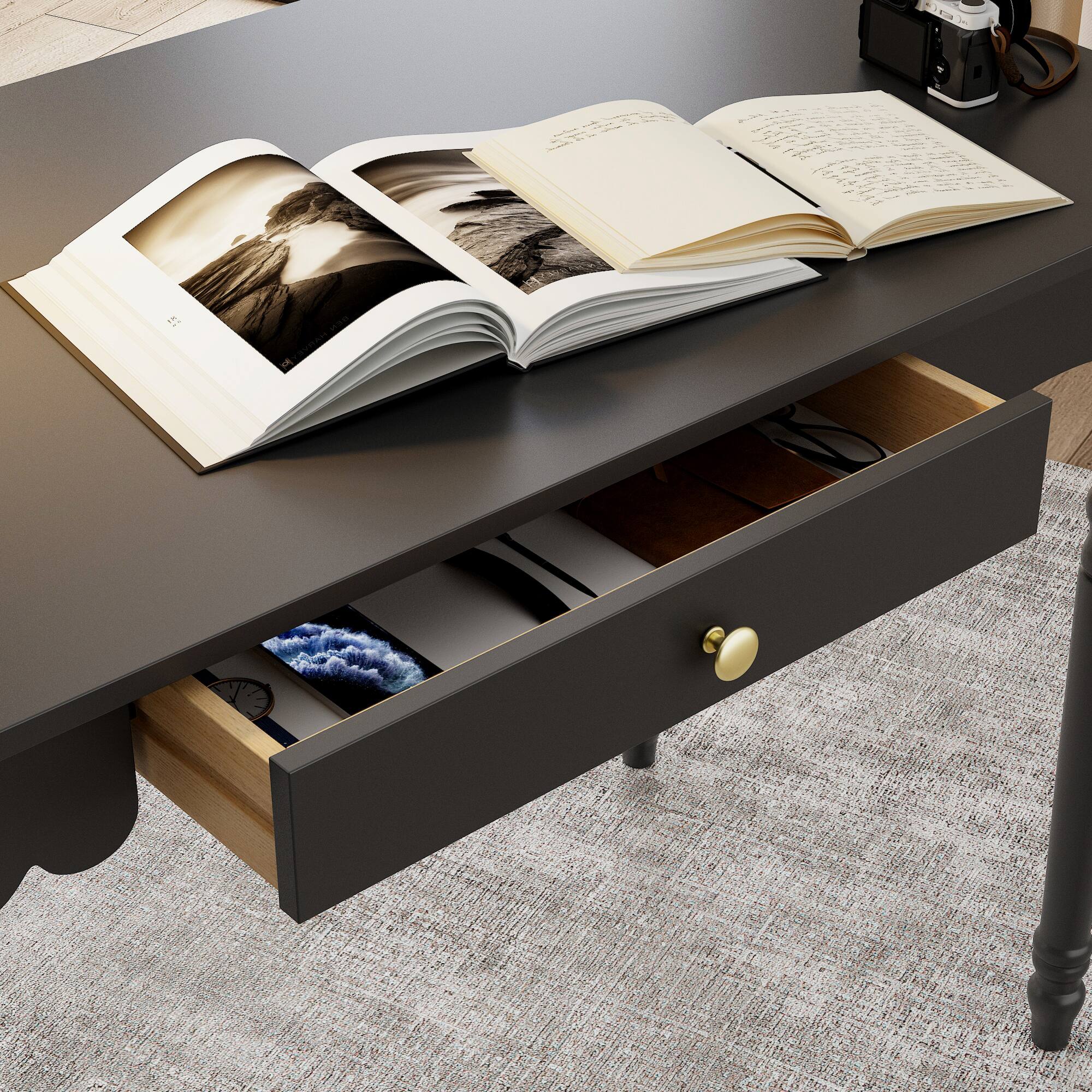 Alt View 1. Famapy - Solid Wood Writing Desk with Drawer for Home Office Study, Modern Black Desk with Gold Accents & Storage - Black.