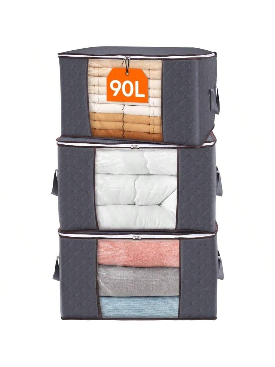 Live At Space - 3 Pack Clothes Storage Bins with Lids, Foldable Blanket Bags Zippers, Window and Reinforced Handles, Closet Clothing - Gray + 3 x 90L