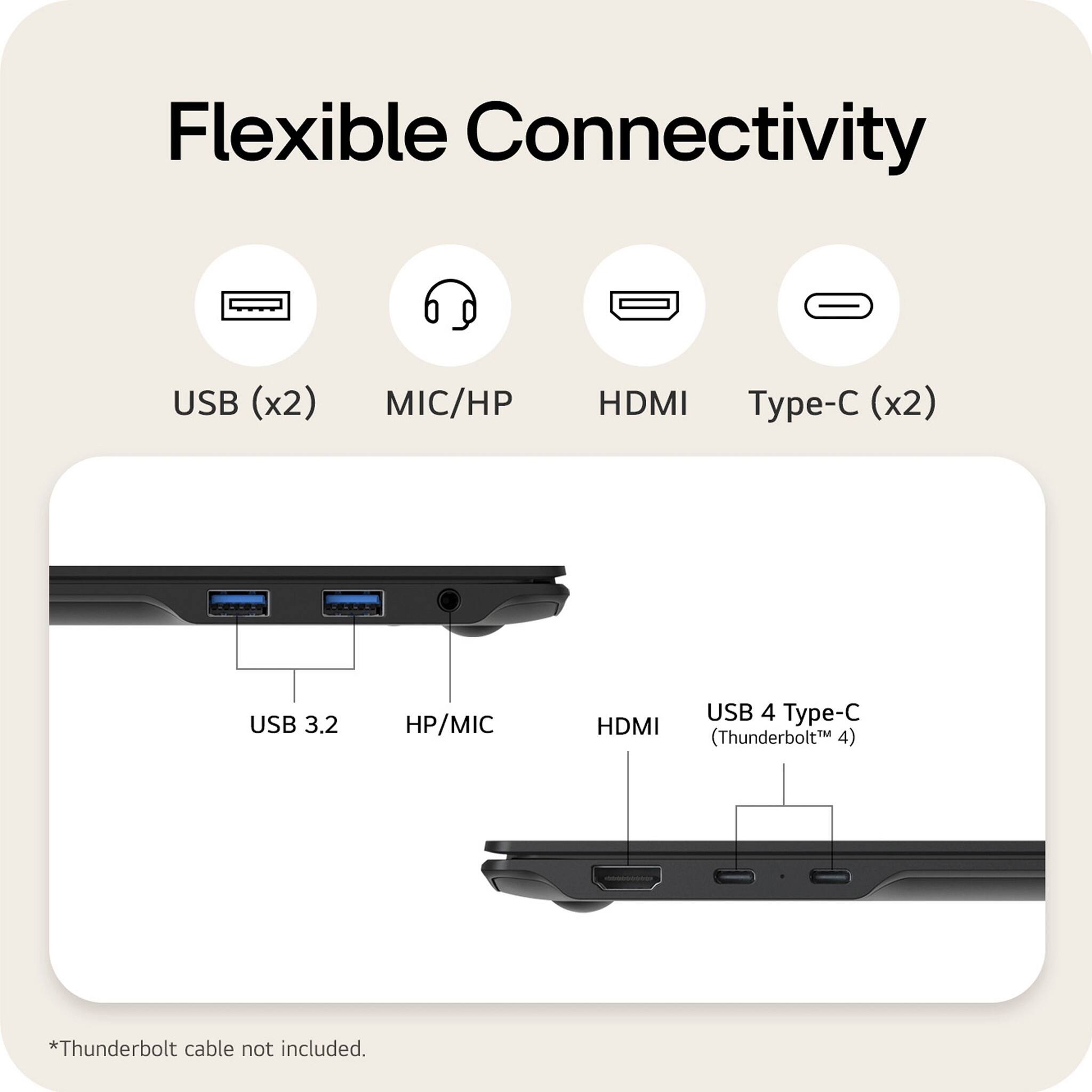 Flexible Connectivity
USB (x2)
MIC/HP
HDMI
Type-C (x2)
USB 3.2
HP/MIC
HDMI
USB 4 Type-C (Thunderbolt™ 4)
*Thunderbolt cable not included.