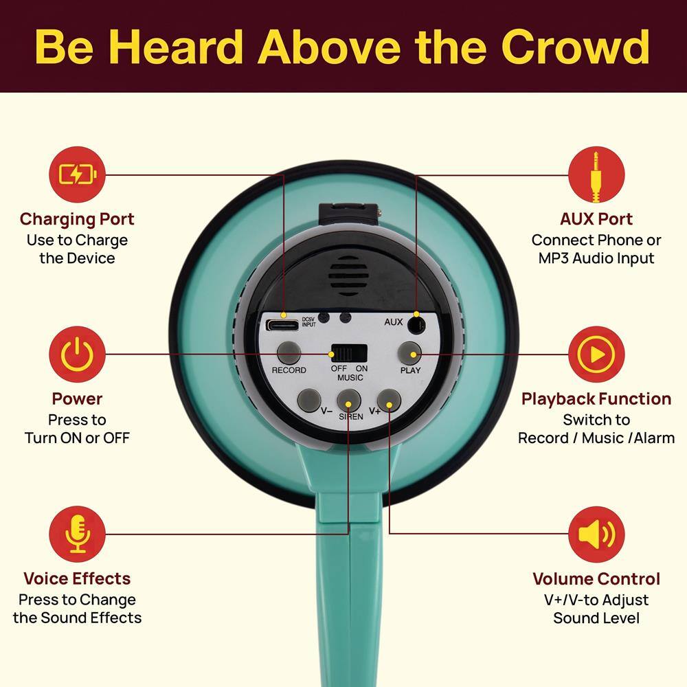 Be Heard Above the Crowd

Charging Port
Use to Charge the Device

AUX Port
Connect Phone or MP3 Audio Input

Power
Press to Turn ON or OFF

Playback Function
Switch to Record / Music / Alarm

Voice Effects
Press to Change the Sound Effects

Volume Control
V+/V- to Adjust Sound Level