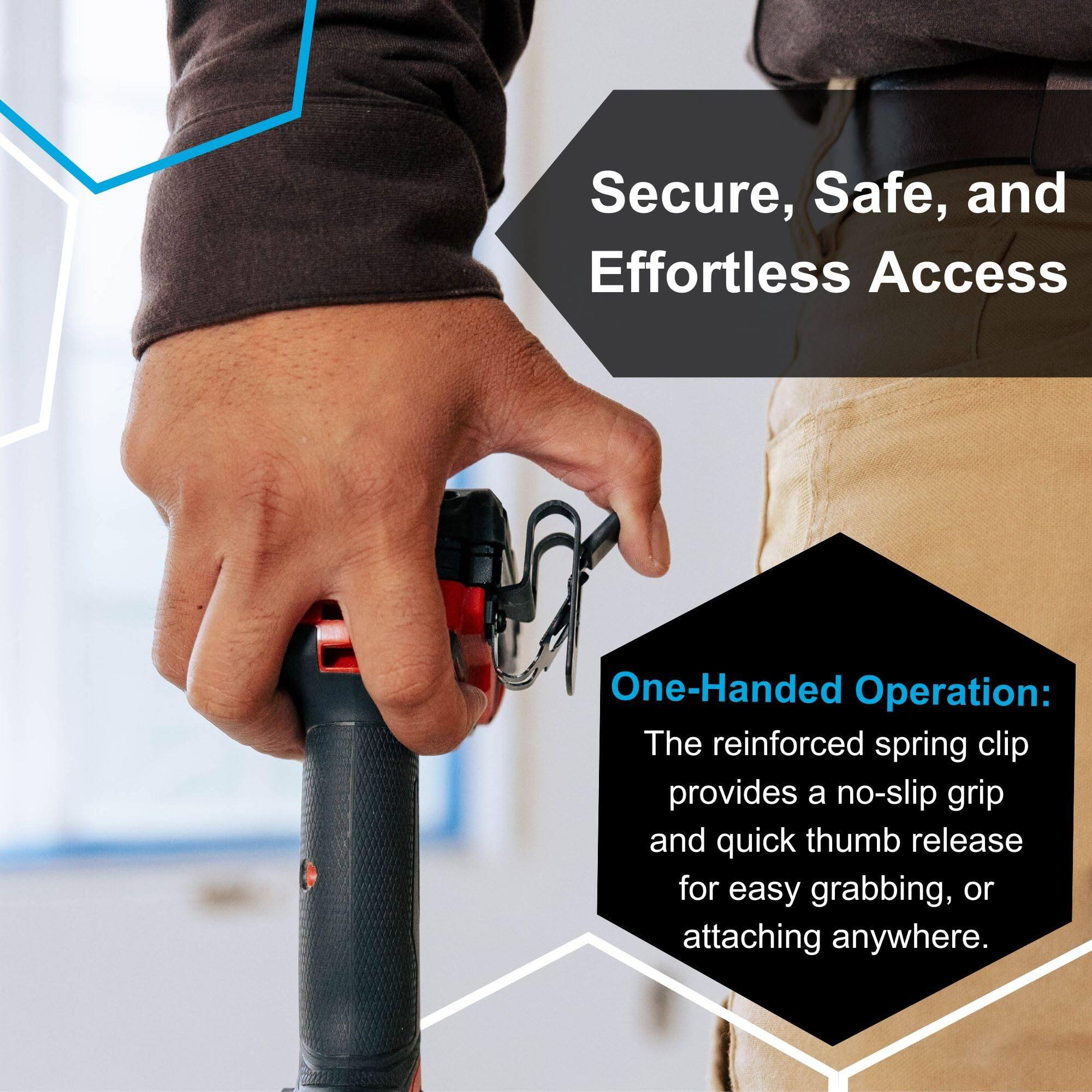 Secure, Safe, and Effortless Access

One-Handed Operation:  
The reinforced spring clip provides a no-slip grip and quick thumb release for easy grabbing, or attaching anywhere.