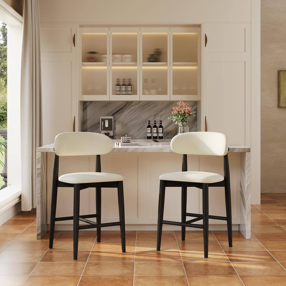 Back. POVISON - 24" Assembled Mid-Century Modern Wood Counter Height Bar Stools Set of 2, Faux Leather Counter Stools, Beige & Black - Beige & Black PU Leather.