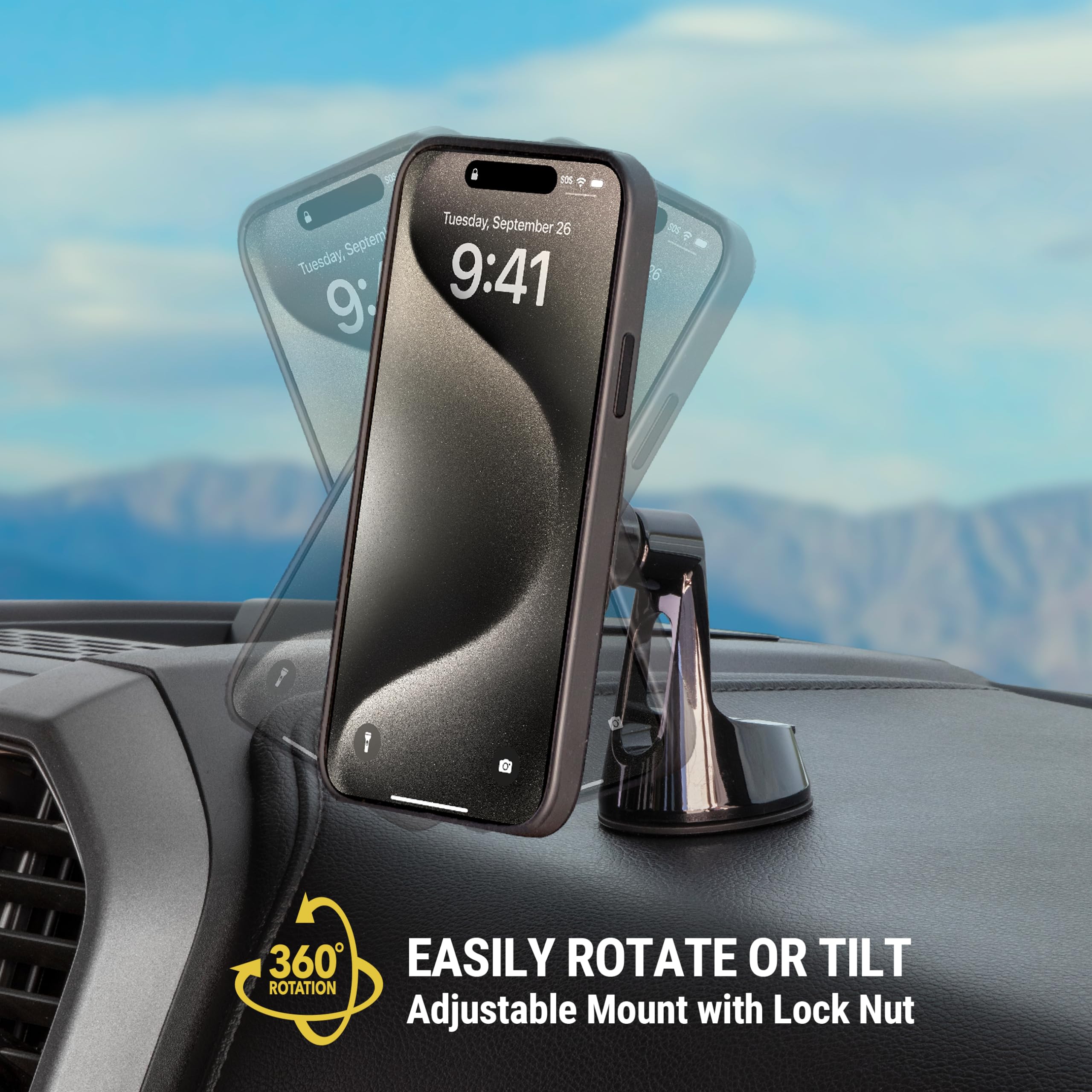 Tuesday, September 26  
9:41  

EASILY ROTATE OR TILT  
Adjustable Mount with Lock Nut  

360° ROTATION