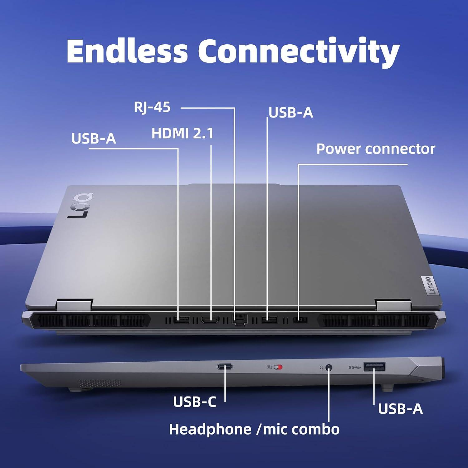 Endless Connectivity

- RJ-45
- USB-A
- HDMI 2.1
- USB-A
- Power connector
- USB-C
- Headphone / mic combo
- USB-A