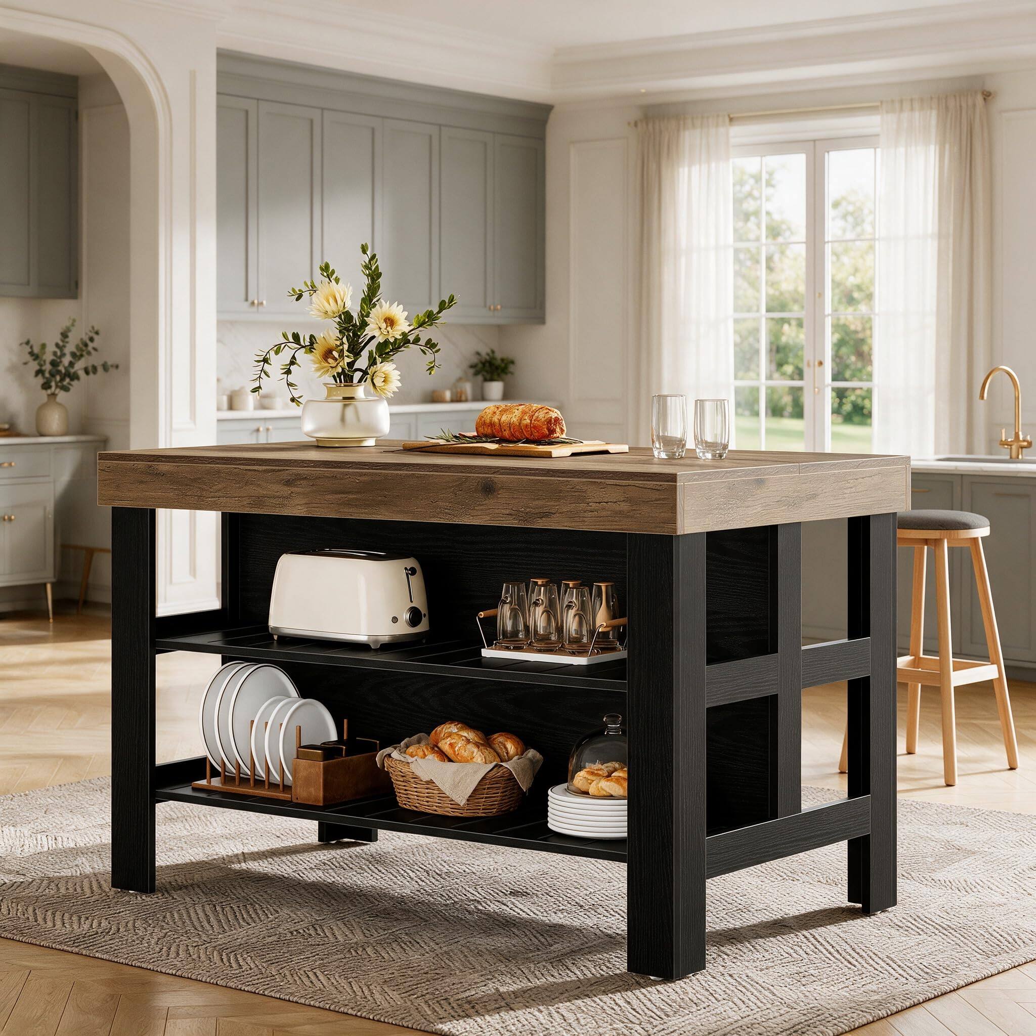 Alt View 1. Tribesigns - Kitchen Island with Storage Shelves (Brown and Black) - Brown and Black.