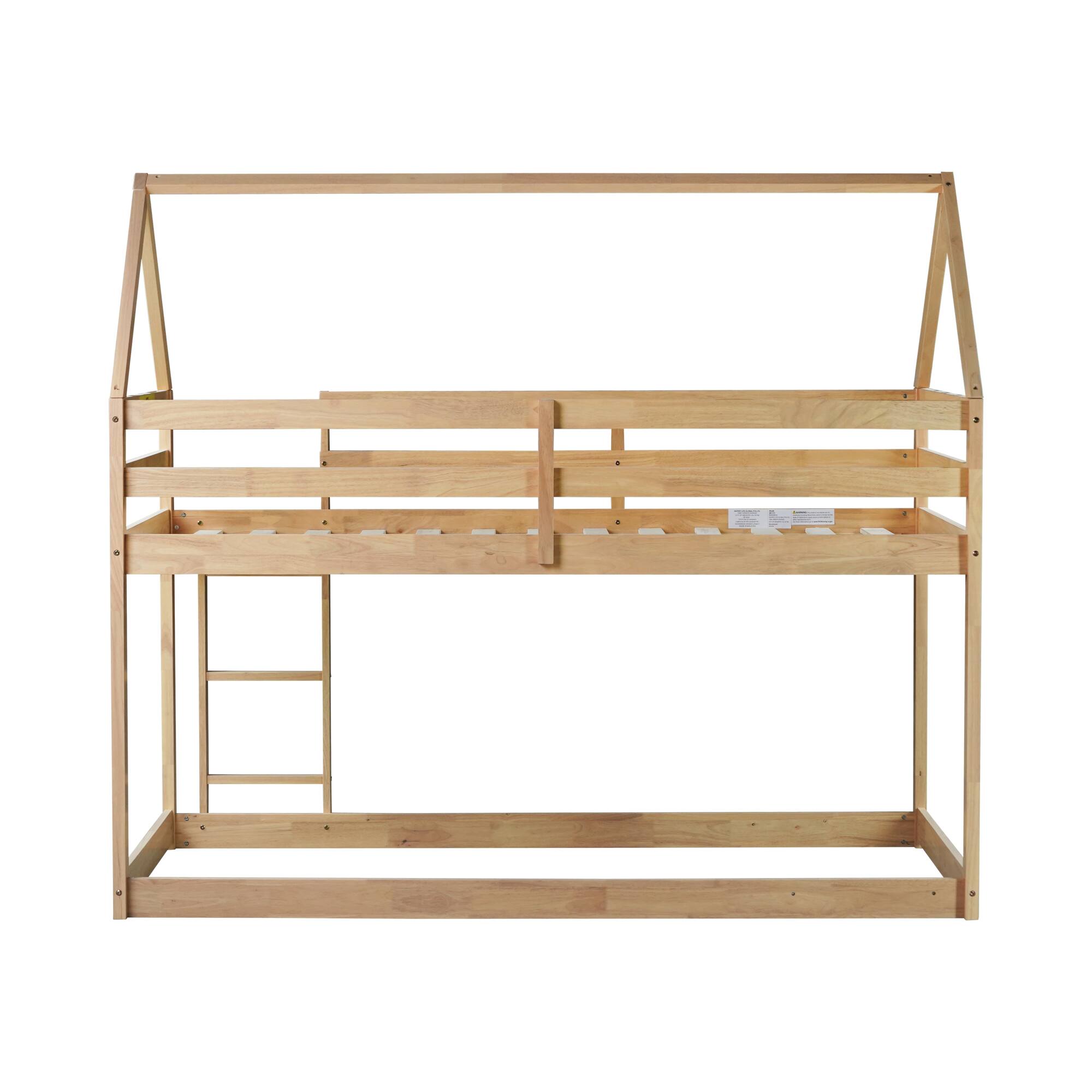 Back. GOODSILO - House-Shaped Twin Over Twin Rubber Wood Bunk Bed with Ladder and Guardrails for Kids - White+Oak.