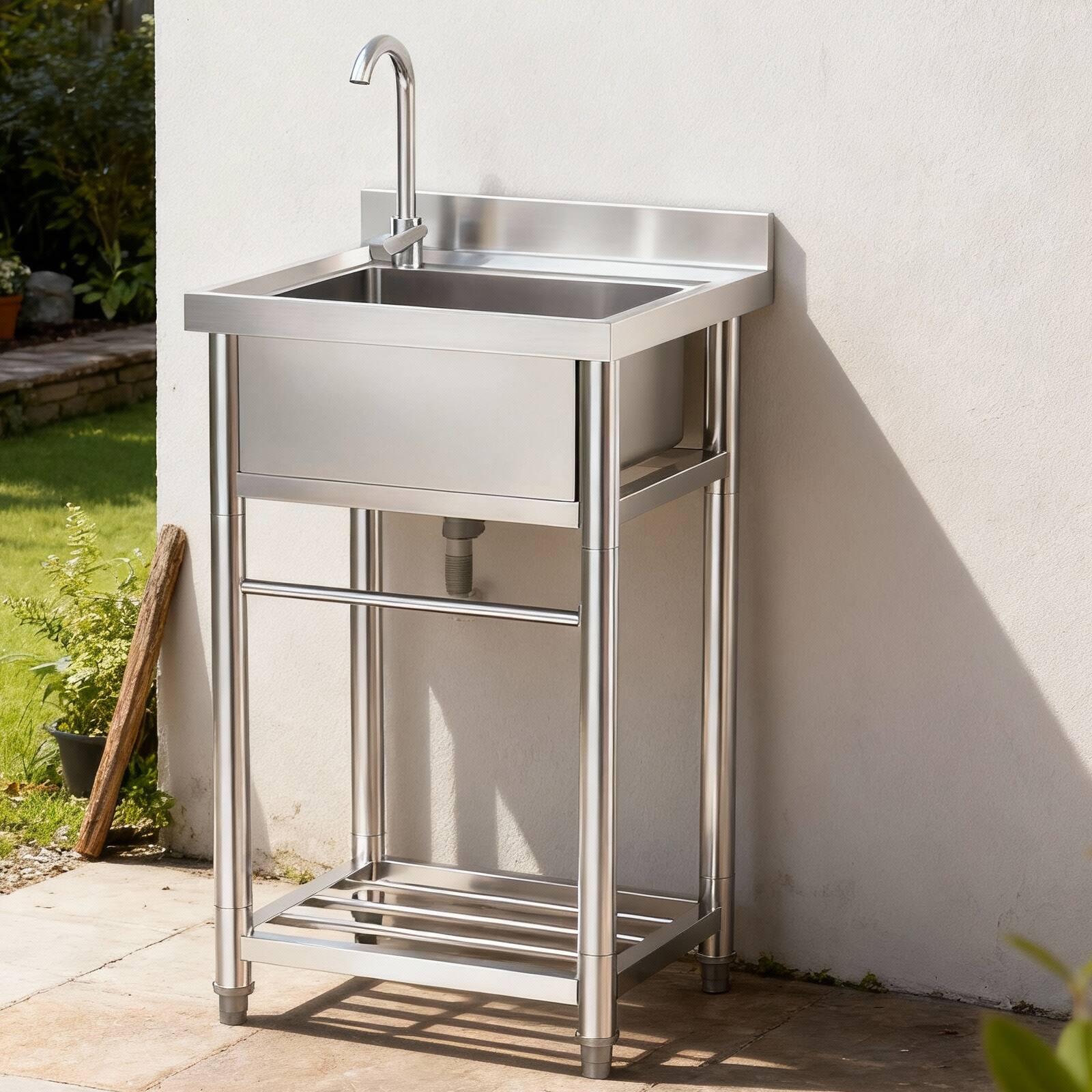 Alt View 4. Winado - Freestanding Single Bowl Utility Sink Stainless Steel Wash Basin with Faucet and Storage Shelf for Restaurant Prep Areas - Silver.