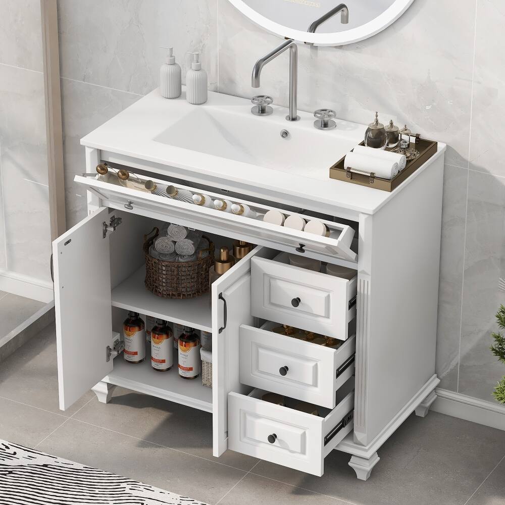 Alt View 2. Loheer - Loheer 36 inch bathroom vanity with sink, white solid wood bathroom cabinet, 3 drawers 2 doors - White.