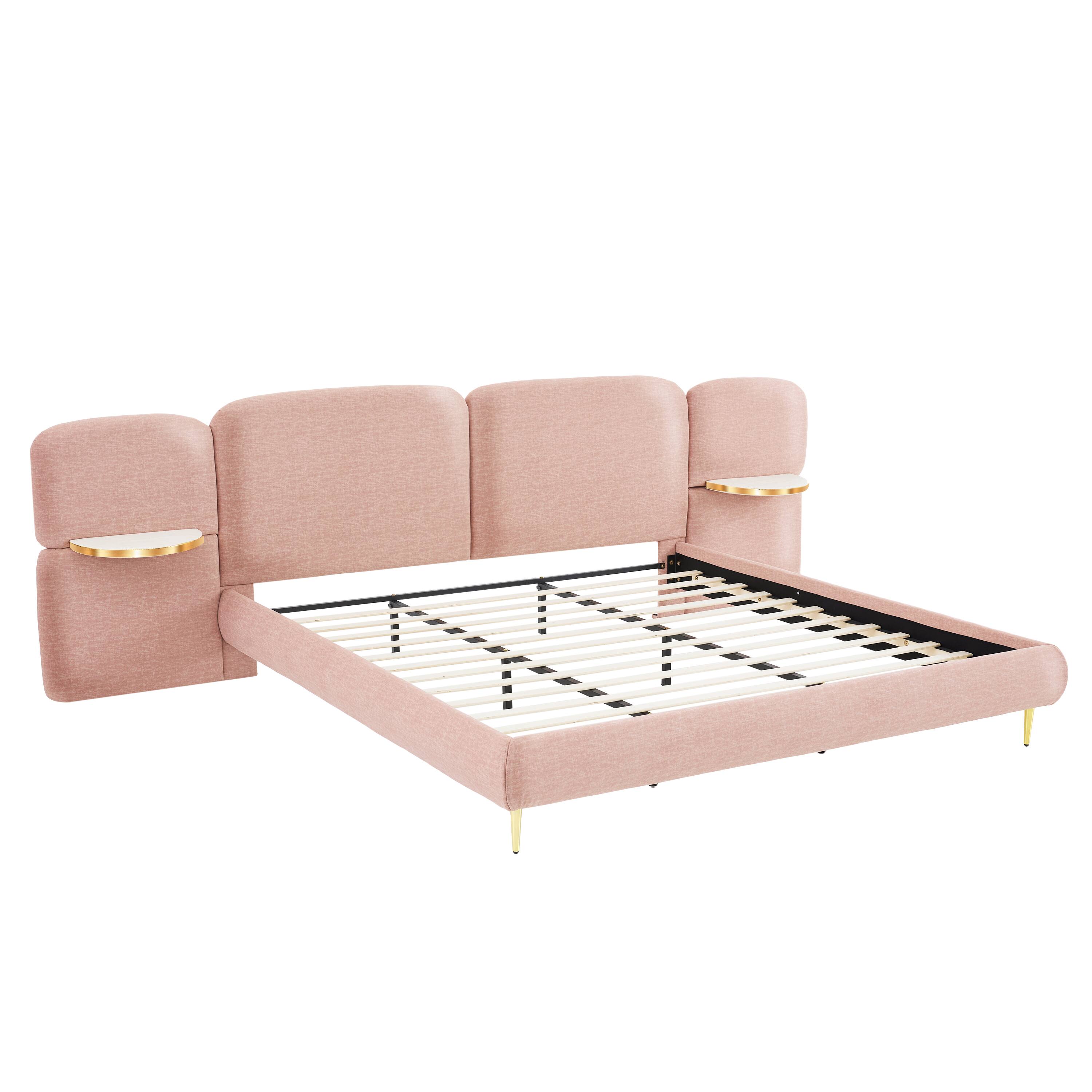 Angle. Whisen - Upholstered Platform Bed with Block-Shaped Headboard and Integrated Side Table Shelves - Pink.
