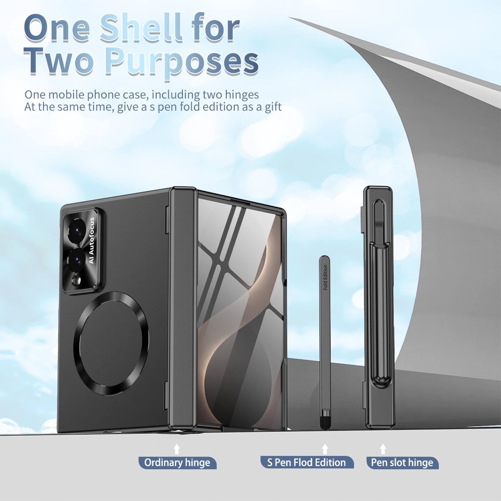 One Shell for Two Purposes  
One mobile phone case, including two hinges  
At the same time, give a S pen fold edition as a gift  

AI Autofocus  
Edition Fold  

Ordinary hinge  
S Pen Fold Edition  
Pen slot hinge