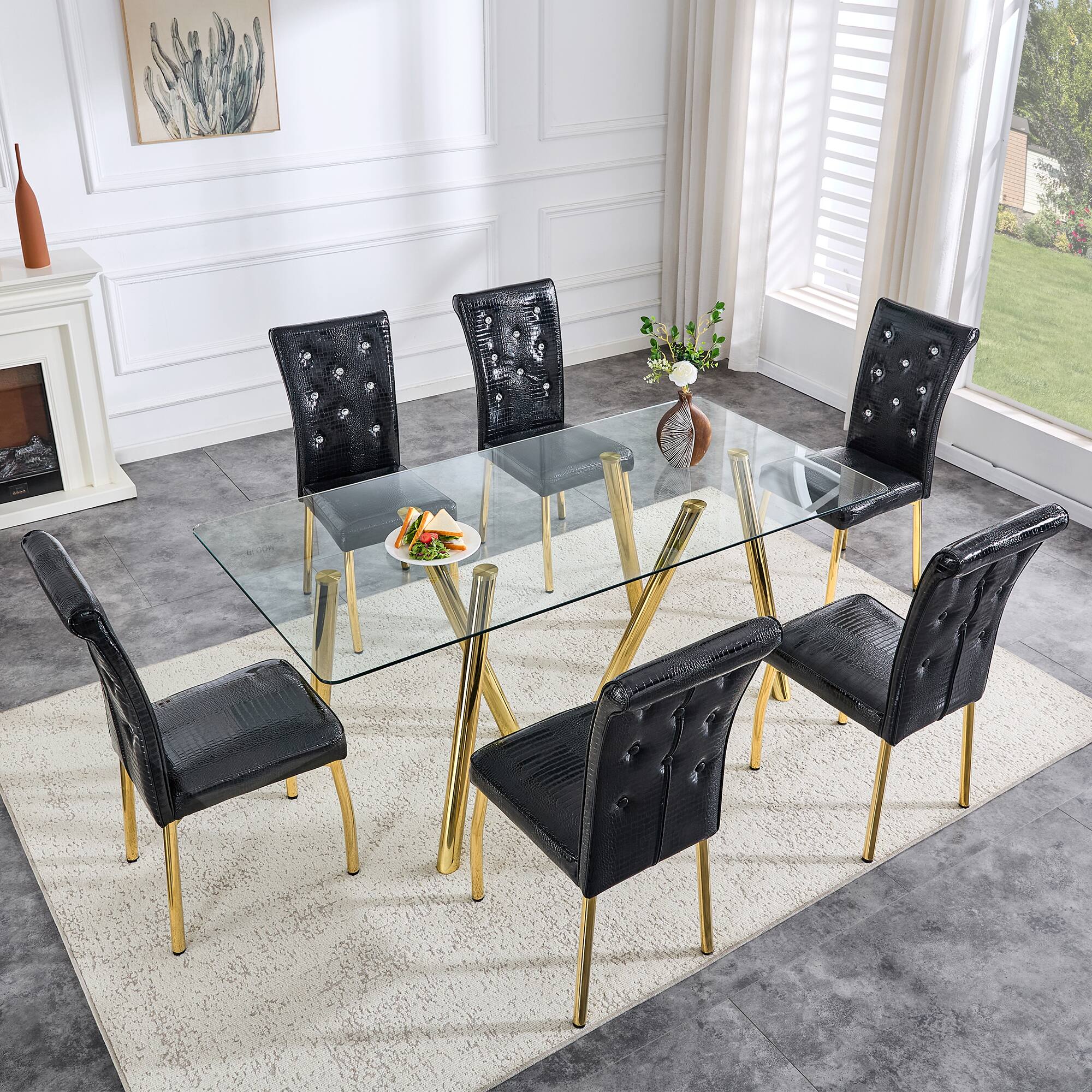 Alt View 9. Loheer - Loheer- 5.9 Ft Modern Tempered Glass Dining Table with Sturdy Metal Legs for Large Family - Gold.