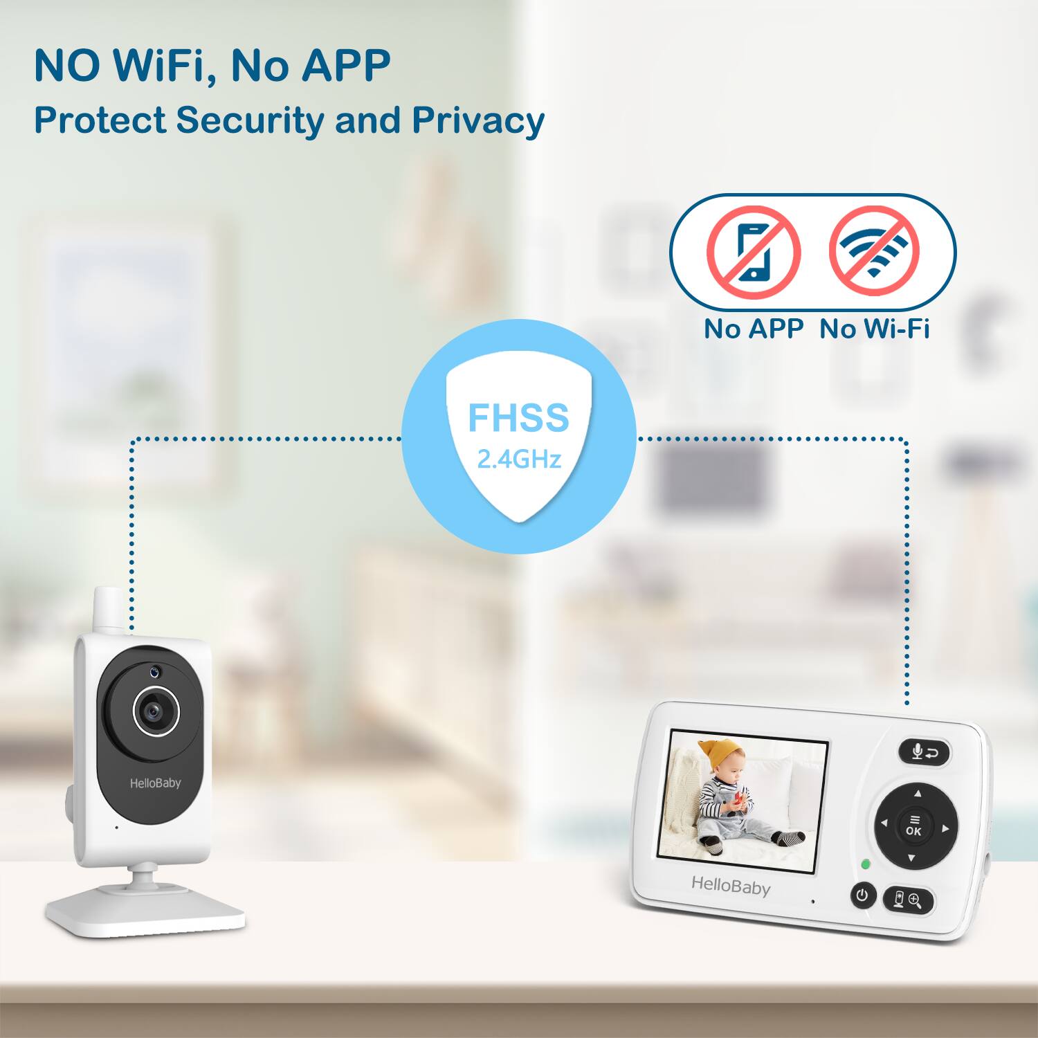 NO WiFi, No APP Protect Security and Privacy

No APP No Wi-Fi

FHSS 2.4GHz

HelloBaby S K HelloBaby - Q