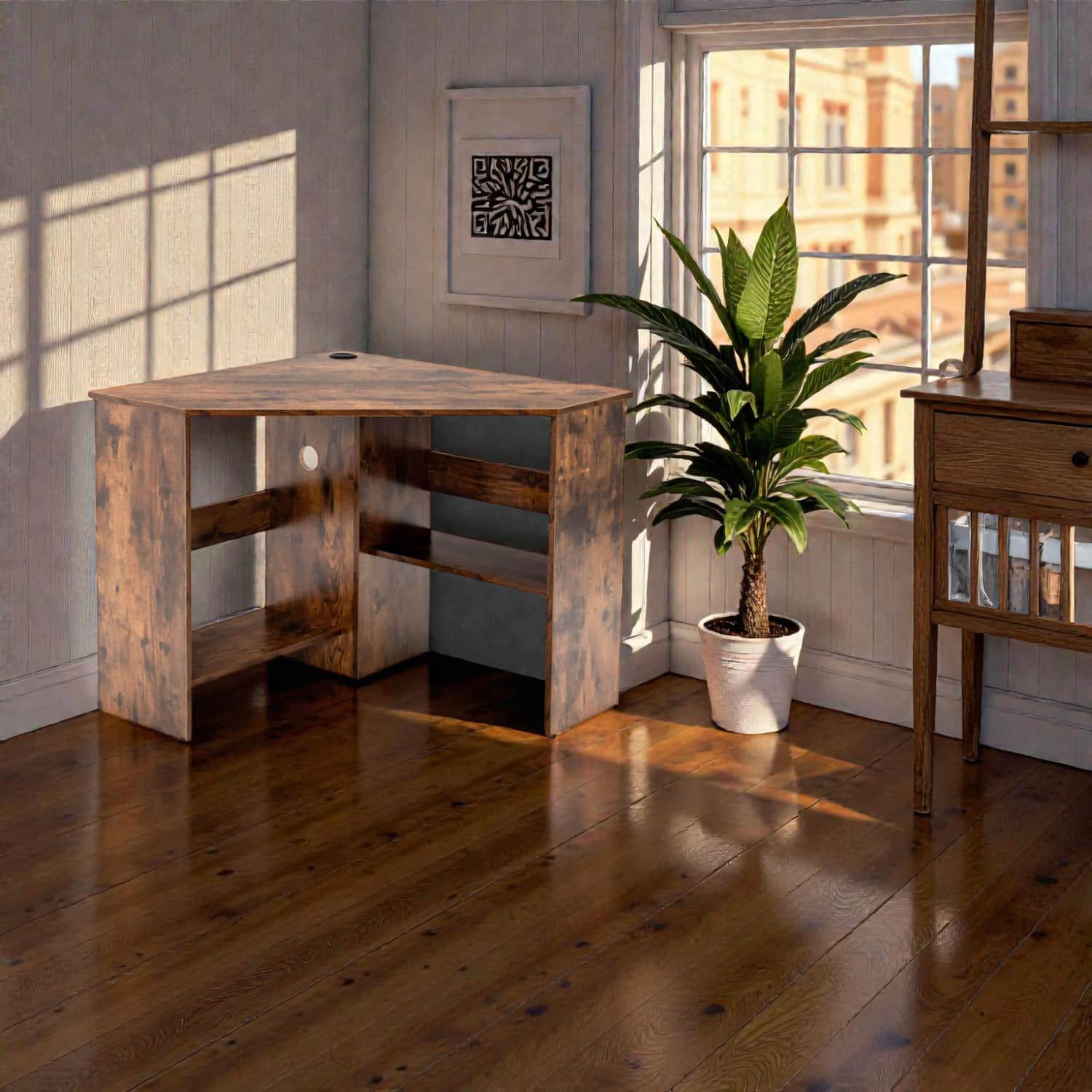 Hivvago - Multi-Functional Corner Work Desk with Shelf – Triangular Office & Study Solution - Rustic Brown