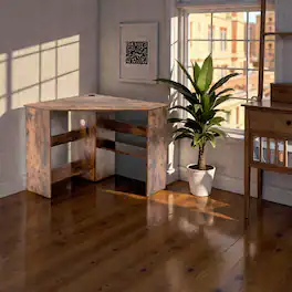 Hivvago - Multi-Functional Corner Work Desk with Shelf – Triangular Office & Study Solution - Rustic Brown