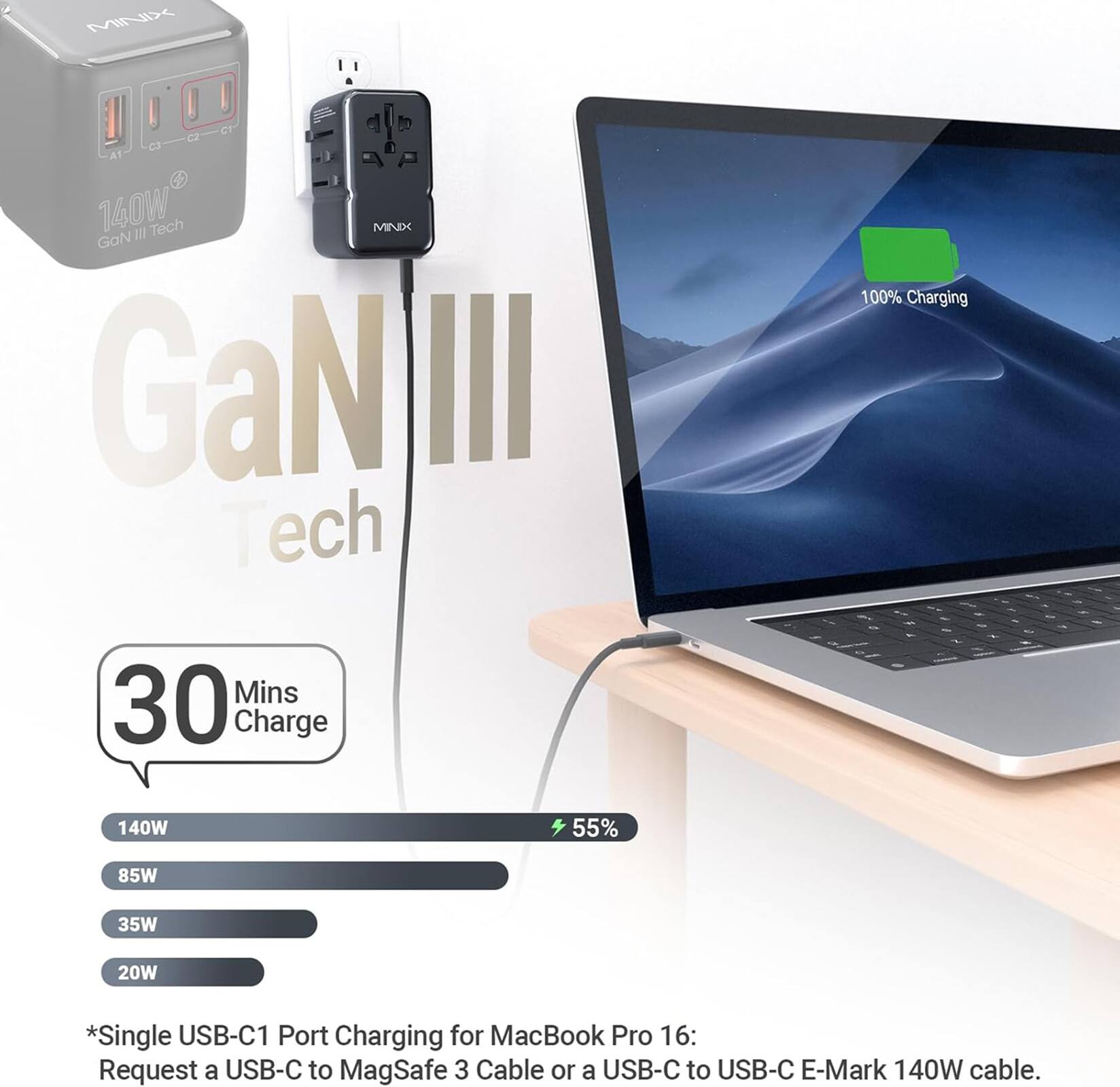 MINIX CT C2 A1 2 140W (GaN III Tech MINIX GaN III Tech MINIX) 30 Charge 100% Charging - - - 1 - - - 140W 55% 85W 35W 20W *Single USB-C1 Port Charging for MacBook Pro 16: Request a USB-C to MagSafe 3 Cable or a USB-C to USB-C E-Mark 140W cable.