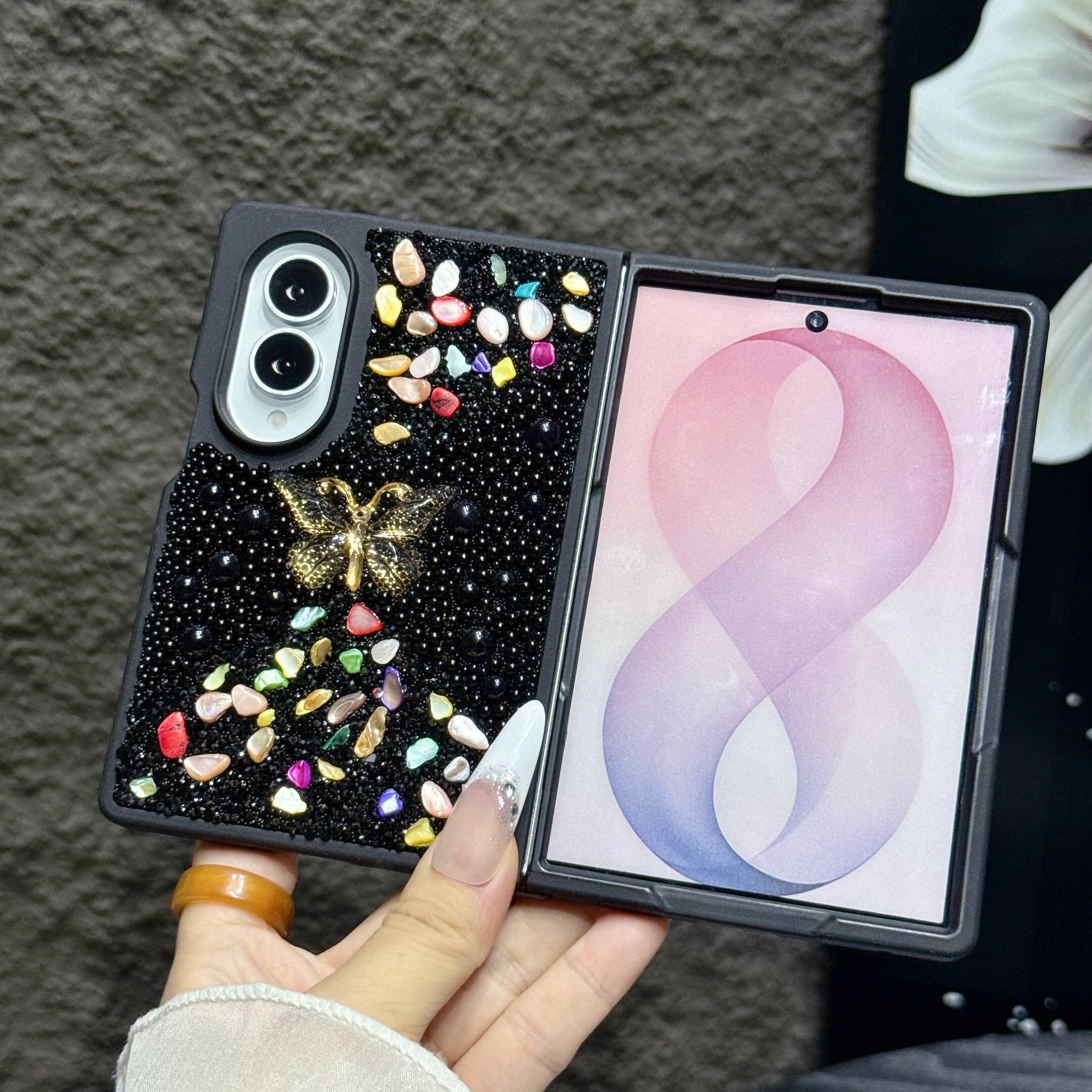 Left. Dteck - Diamond Case for Samsung Galaxy Z Fold 8, Sparkle Glitter Rhinestone Butterfly Phone Cover with Strap - Black.
