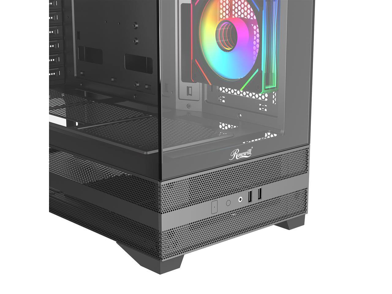 Alt View 9. Rosewill - Rosewill ACA501 Mid Tower ATX Case, Black, 3 ARGB Fans, Tempered Glass, Back-Plug Motherboard Design - Black.