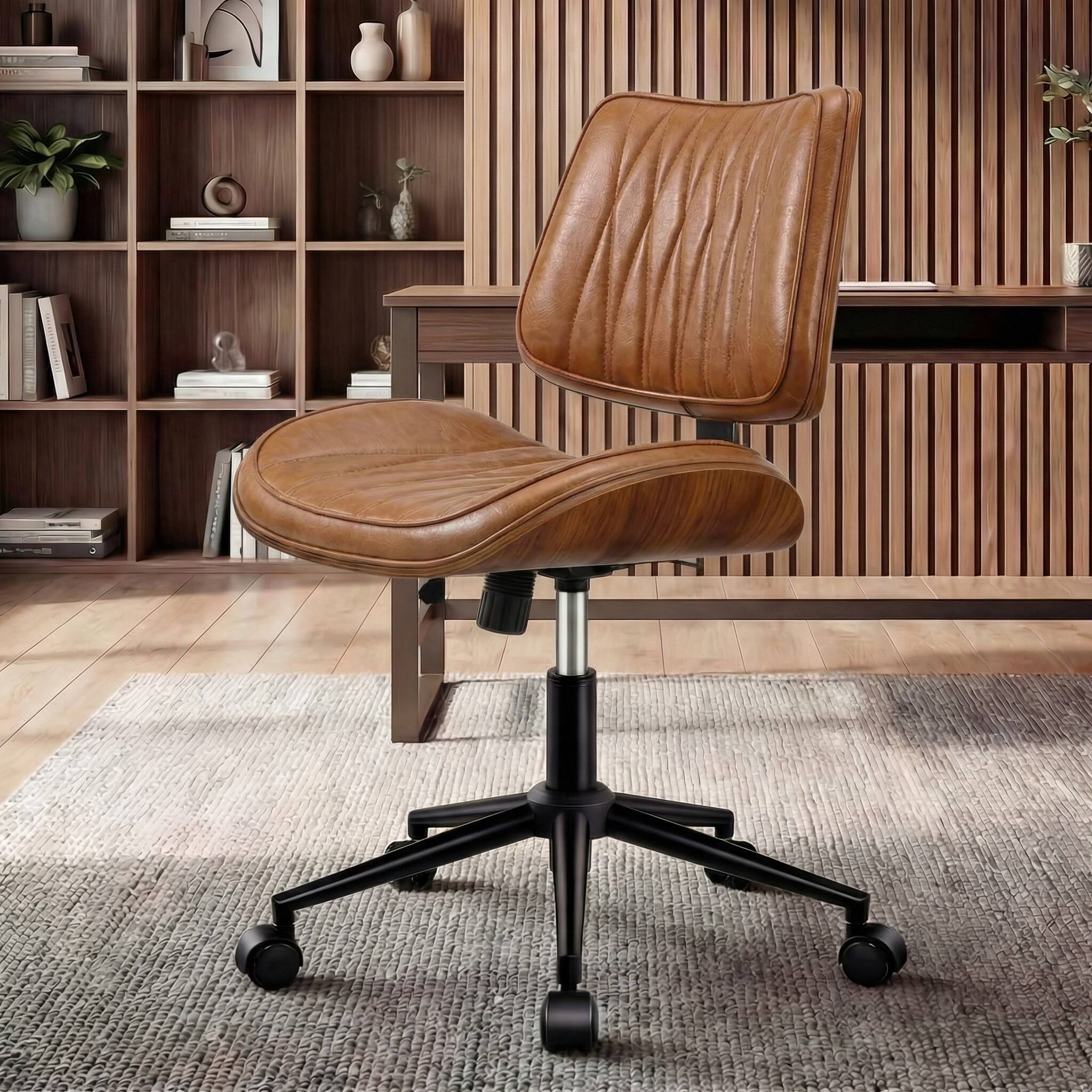 Brick Attic - Armless Leather Office Chair with Wooden Backrest & U-Shaped Seat，Ergonomic Walnut Bentwood chair Adjustable Height - Camel price history on PriceWatchPro