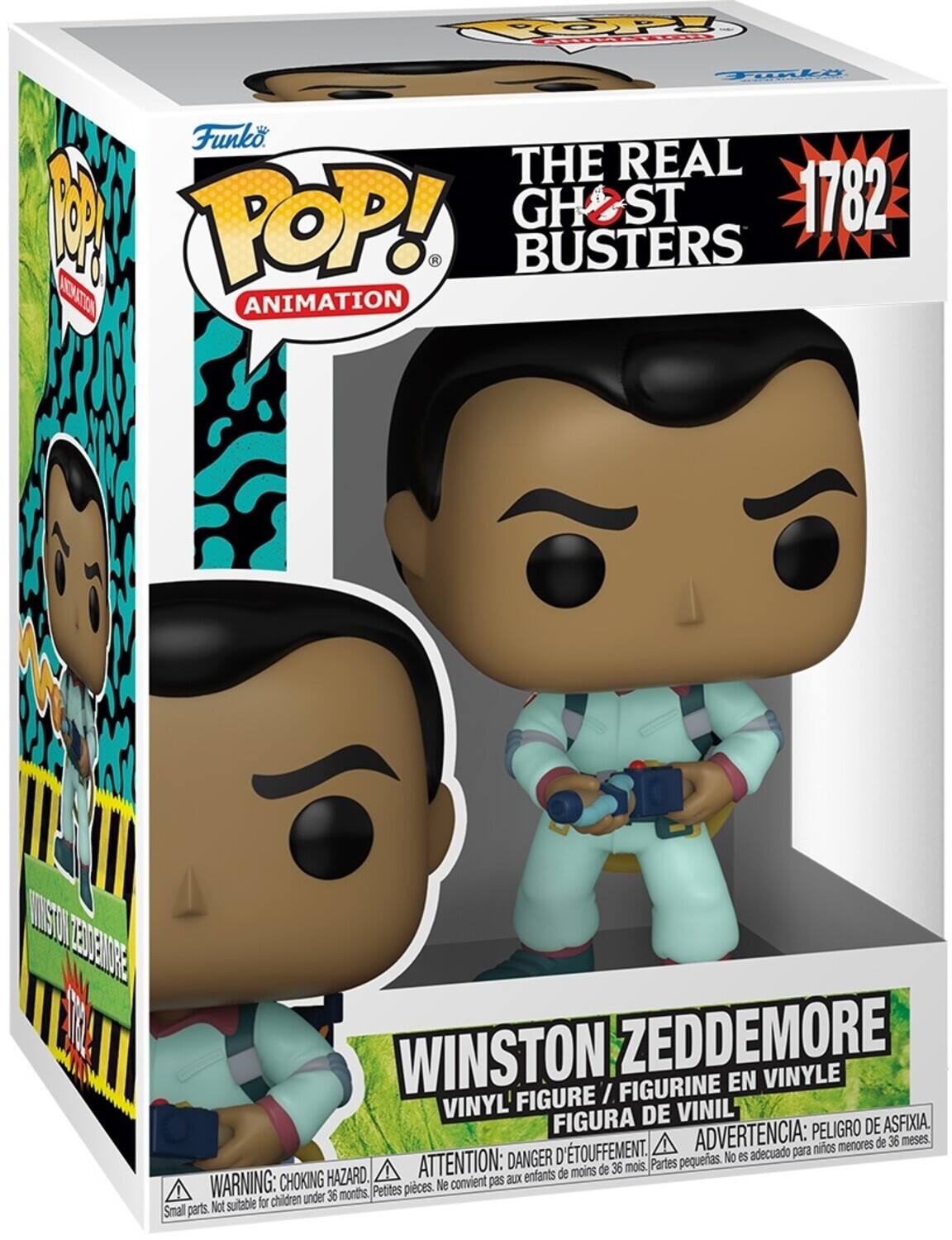 The text can be grouped as follows:

**Brand and Series:**
- Funko
- POP! Animation

**Character:**
- Winston Zeddemore

**Series Number:**
- 1782

**Warning:**
- Attention: Danger d'étouffement. Petites pièces. No es acuñado para niños menores de 36 meses. Partes pequeñas. Not suitable for children under 36 months. Warning: Choking hazard.

**Languages:**
- English
- French
- Spanish

**Product Type:**
- Vinyl figure / figurine en vinyle / figura de vinil