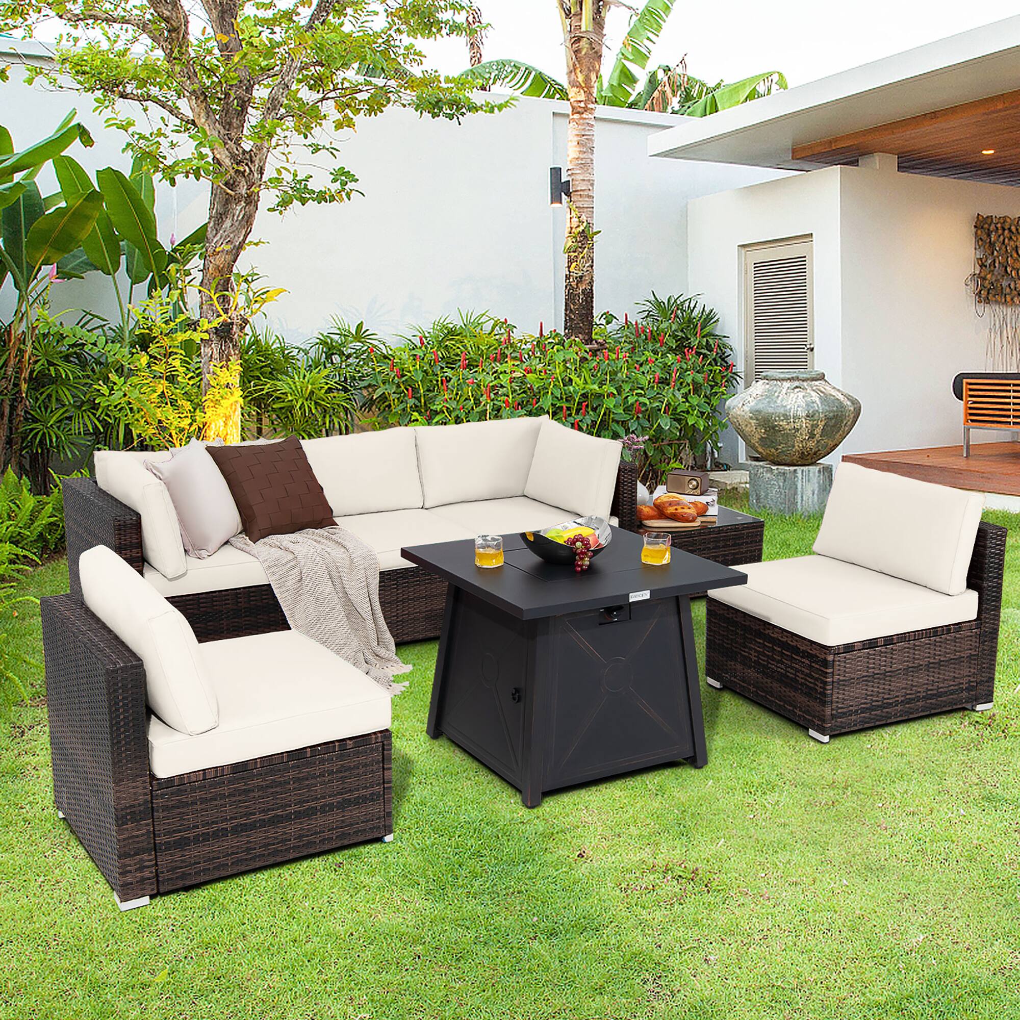 Alt View 1. Costway - Costway 7PCS Patio Rattan Furniture Set Fire Pit Table Cover Cushion - Off White.