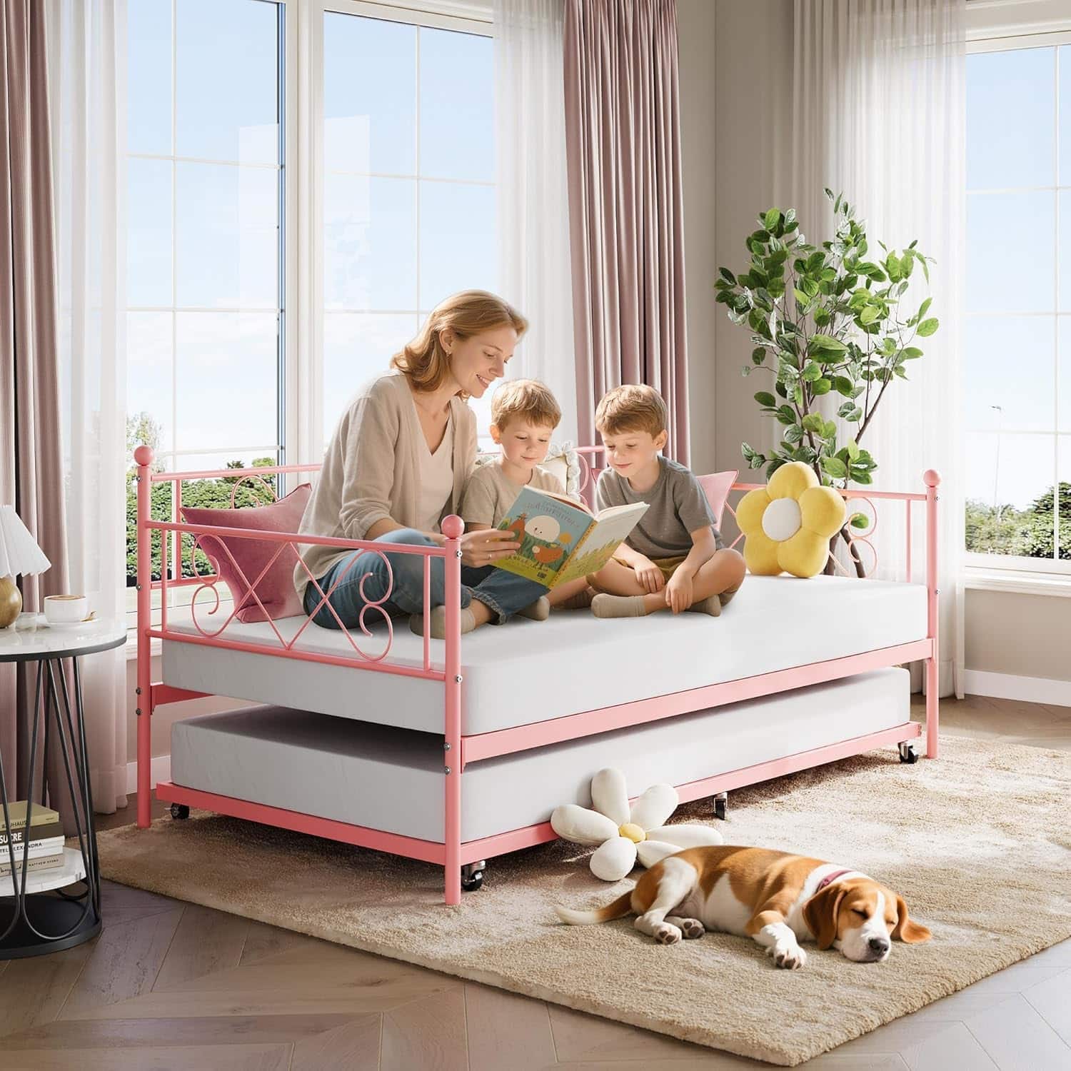 Babevy - Daybed with Trundle, Twin Bed with Heart-Shaped Headboard, Sturdy Metal Frame with Slat Support, No Box Spring Needed - Pink