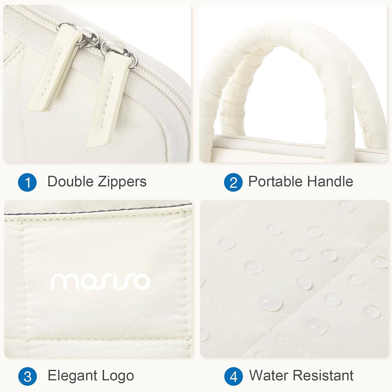 1. Double Zippers
2. Portable Handle
3. Elegant Logo
4. Water Resistant