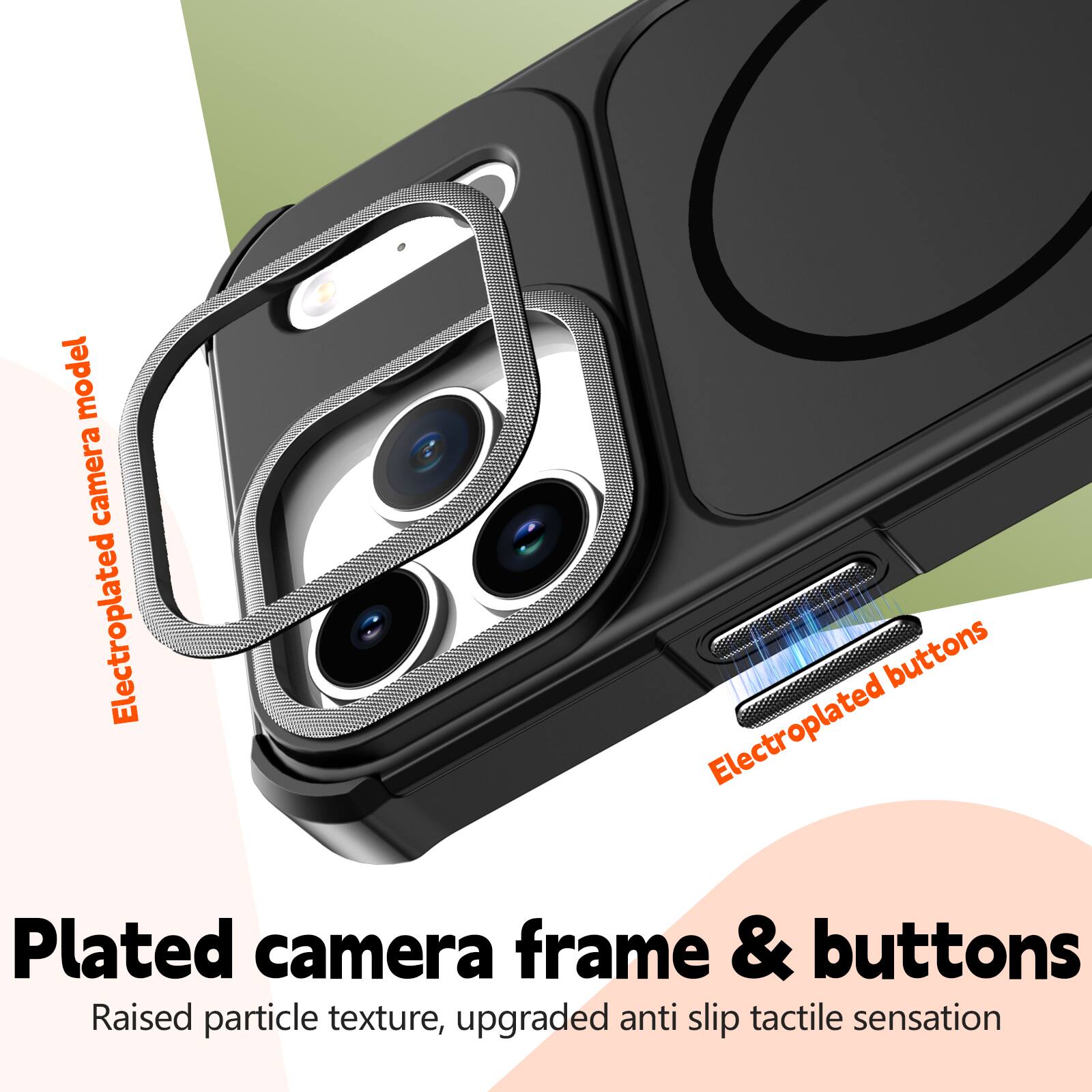 Electroplated camera model

Electroplated buttons

Plated camera frame & buttons

Raised particle texture, upgraded anti slip tactile sensation