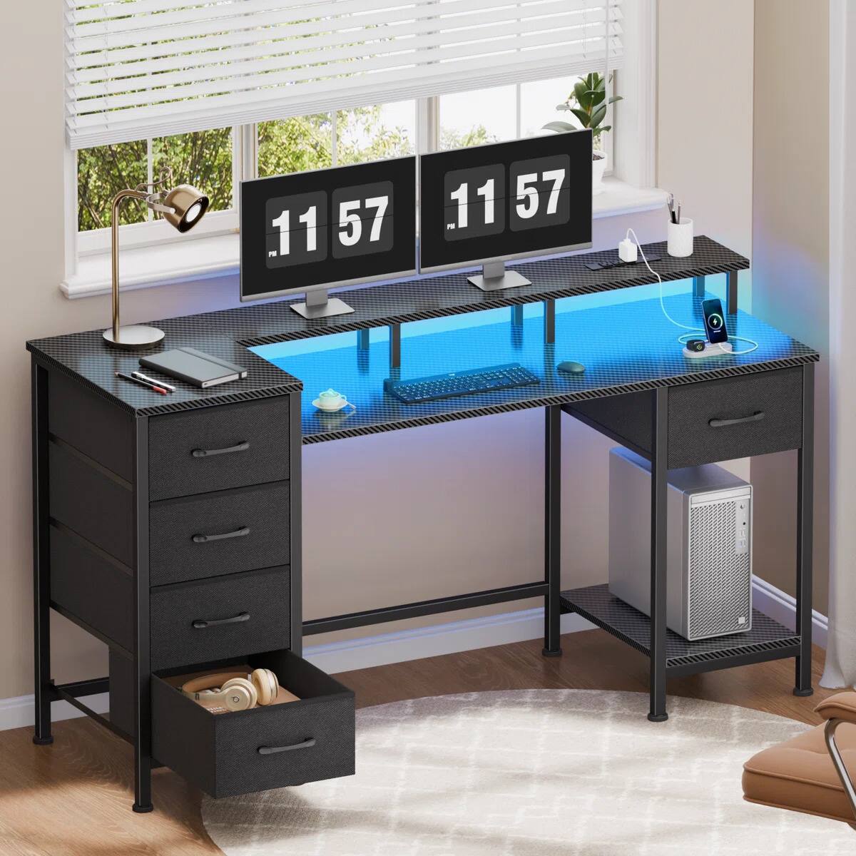 Alt View 3. Furnulem - 47 Inches Computer Desk with Monitor Stand Charging Station  LED Lights Gaming Desk with Drawers for Home Office - Black.