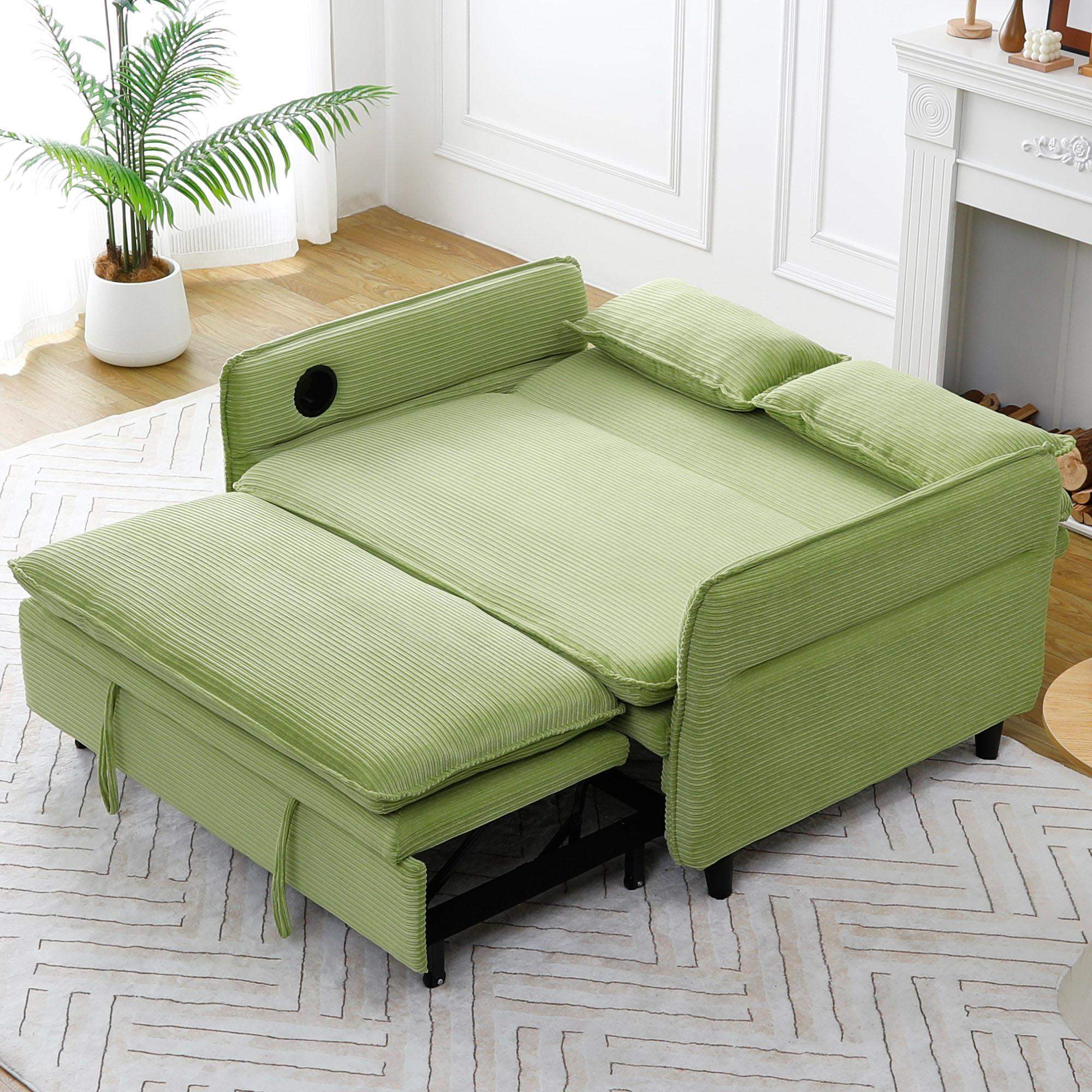 Angle. Roomtec - 65.74inch green multifunctional sofa bed with lettered striped fabric suitable for bedrooms and living rooms. The - Green.
