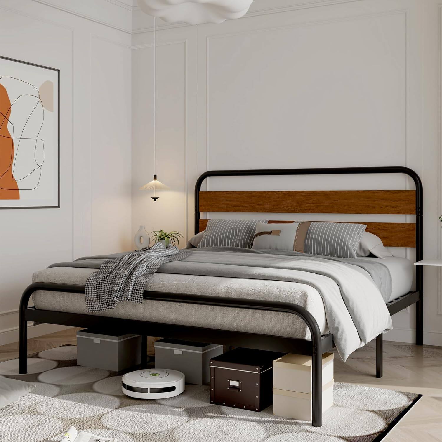 Alt View 4. GARVEE - King Platform Bed Frame with Upholstered Headboard & Under-Bed Storage, Noise-Free, Easy Assembly - Sandalwood Brown.