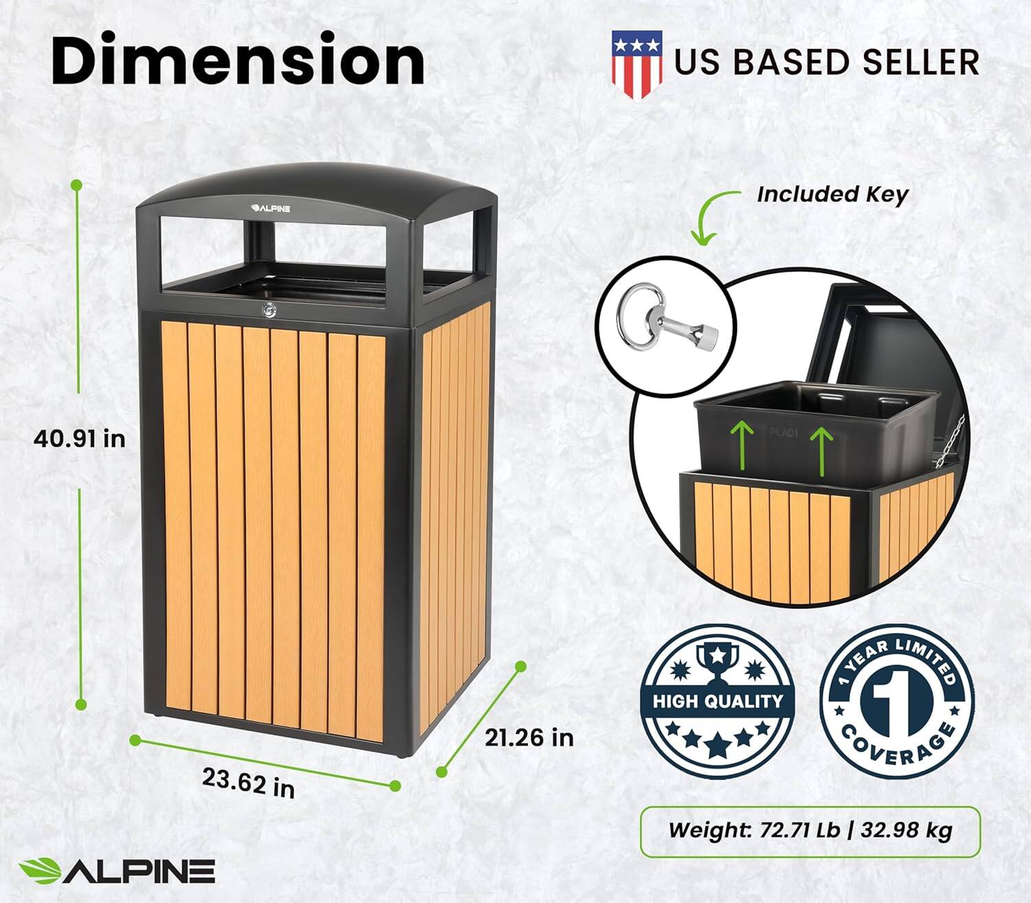 Dimension  
US BASED SELLER  
ALPINE  
Included Key  
40.91 in  
23.62 in  
21.26 in  
1 YEAR LIMITED HIGH QUALITY 1 COVERAGE  
Weight: 72.71 Lb | 32.98 kg