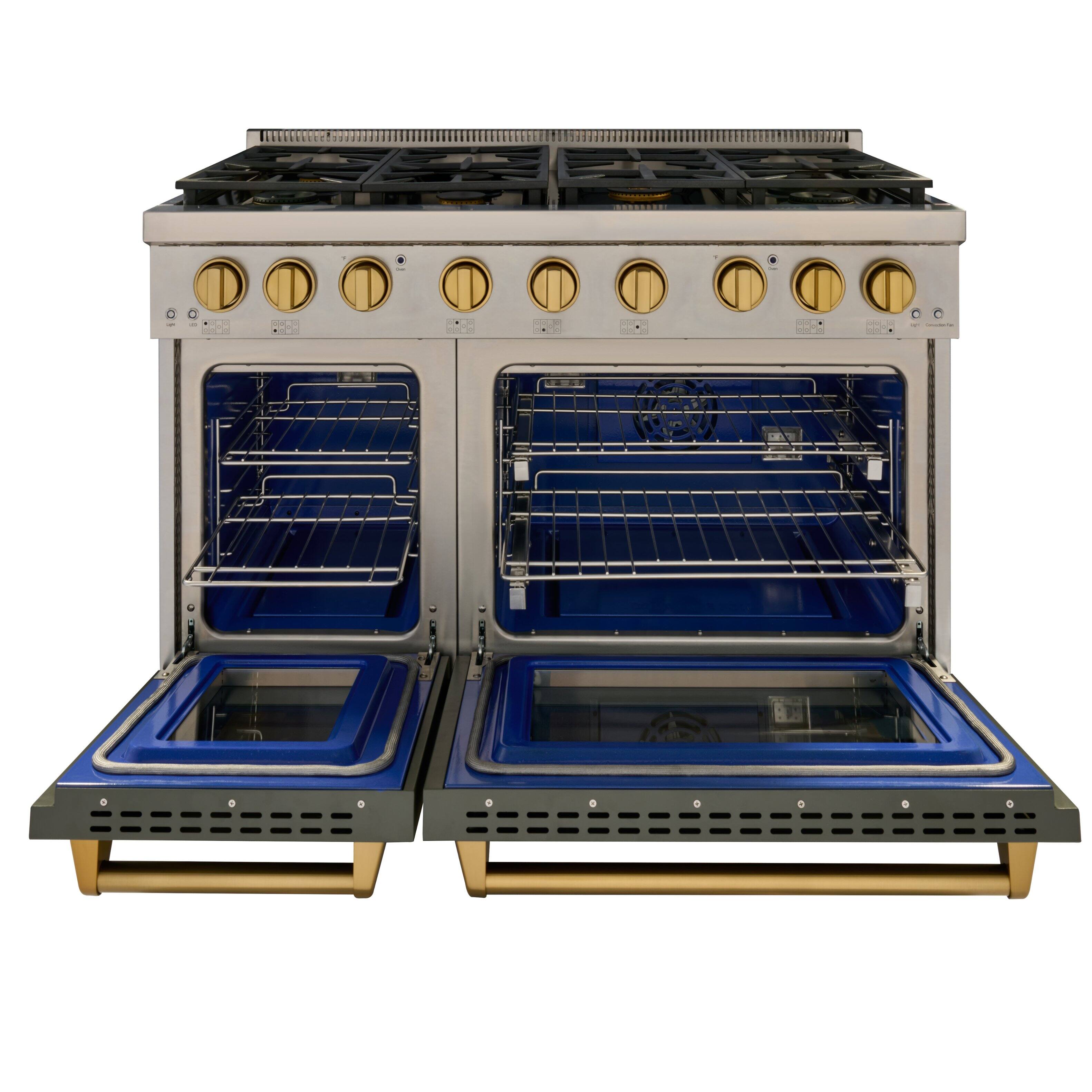 Alt View 1. Kucht - 48 in. 6.7 cu. ft. Propane Gas Range Two Ovens - One Convection - in Olive Green with gold knobs and True Simmer Burners - Olive Green.