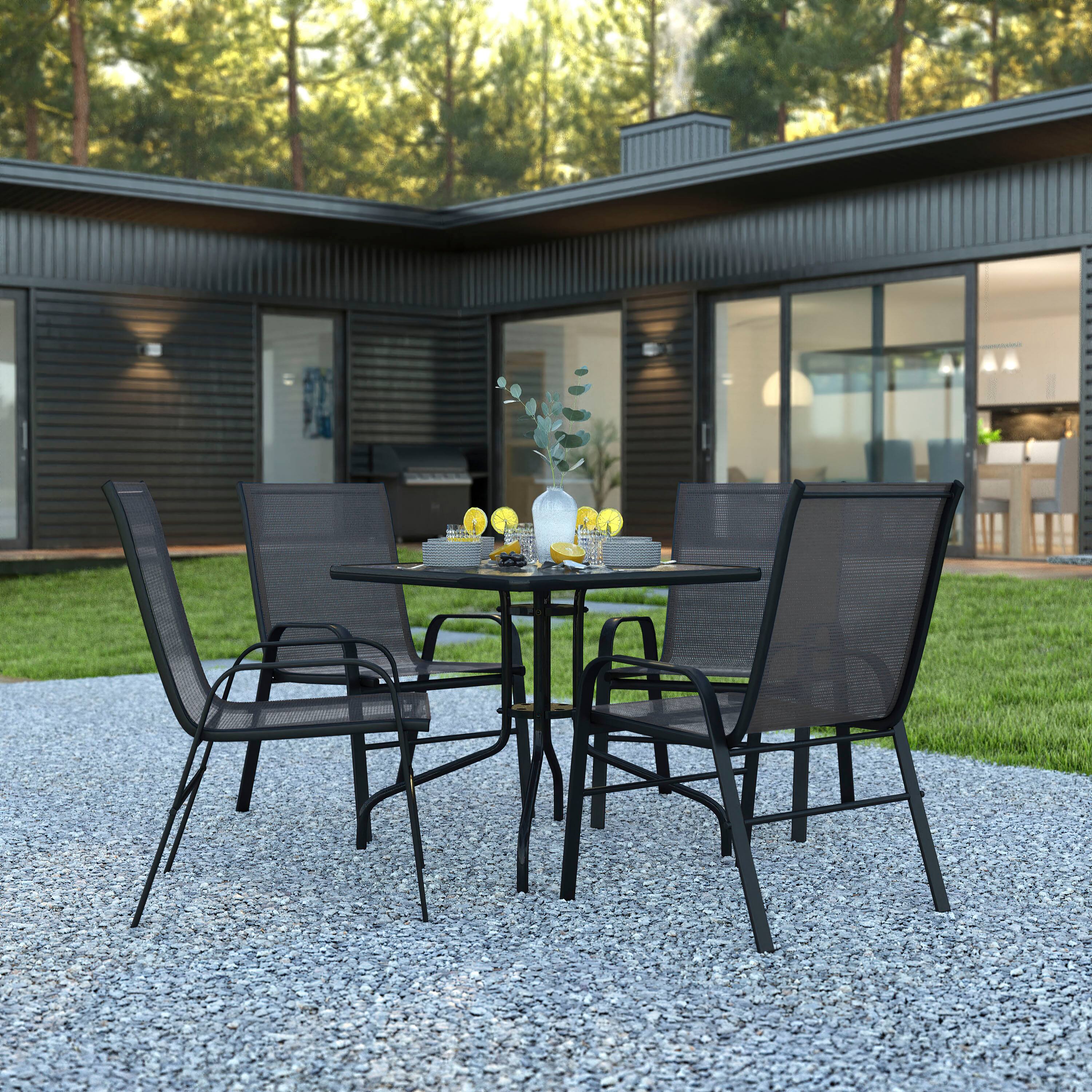 Alt View 1. Emma + Oliver - Five Piece Patio Dining Set - Square Table with Powder Coated Frame and Tempered Glass Top & 4 Flex Comfort Stack Chairs - Black.