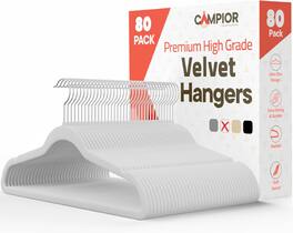 Campior - Velvet Hangers – 80-Pack, 360° Swivel Hook, Non-Slip, Space-Saving, Holds 11 lbs, Smooth Finish - White