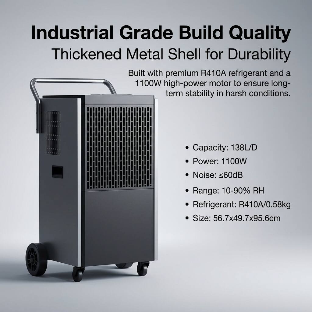 Industrial Grade Build Quality Thickened Metal Shell for Durability

Built with premium R410A refrigerant and a 1100W high-power motor to ensure long-term stability in harsh conditions.

- Capacity: 138L/D
- Power: 1100W
- Noise: <60dB
- Range: 10-90% RH
- Refrigerant: R410A/0.58kg
- Size: 56.7x49.7x95.6cm