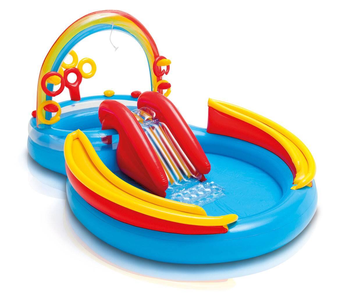 Front. Intex - 9.75 foot x 6.3 foot x 53 inch Rainbow Slide Kids Play Inflatable Pool Ring Center - Multi.