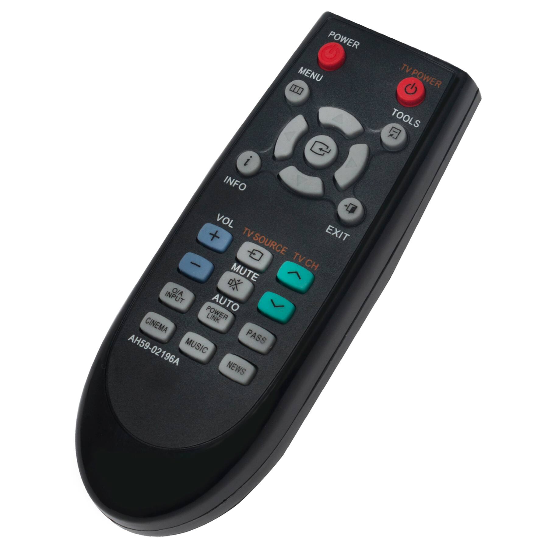 POWER  
TV POWER  

MENU  
TOOLS  

INFO  
EXIT  

VOL +  
VOL -  

TV SOURCE  
TV CH  

MUTE  

O/A INPUT  
AUTO  
POWER LINK  

CINEMA  
MUSIC  
NEWS  

PASS  

AH59-02196A