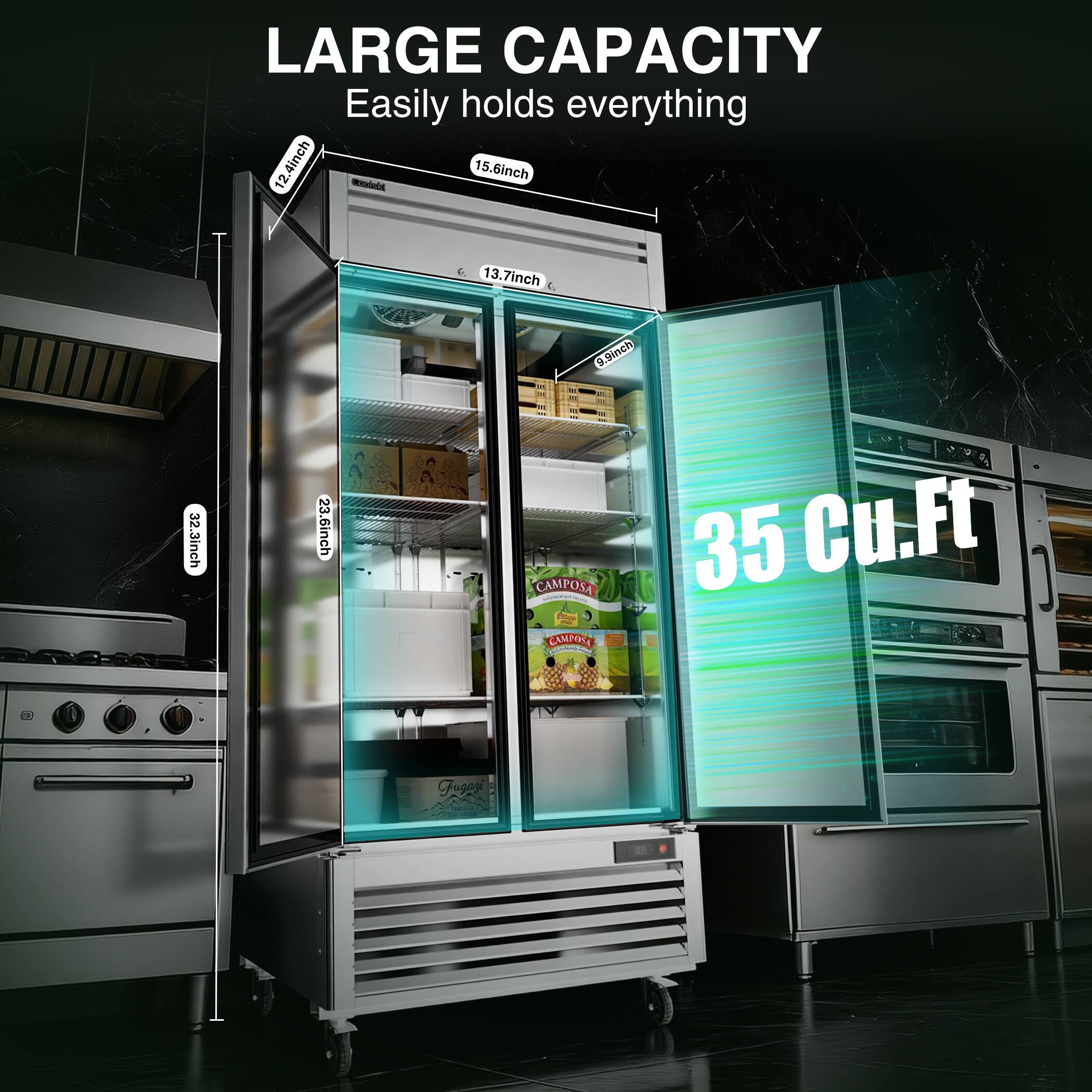 LARGE CAPACITY  
Easily holds everything  

12.4inch  
15.6inch  
13.7inch  
0.9inch  
32.3inch  
23.6inch  

35 Cu.Ft