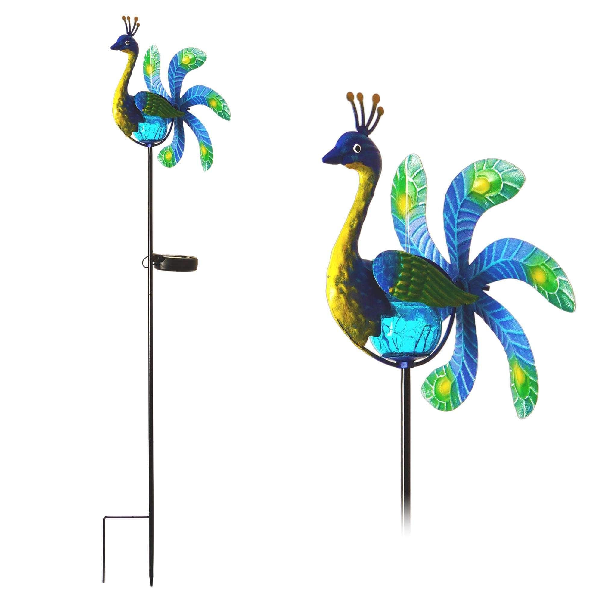 G128 - Solar Peacock Metal Yard Wind Spinner Stake 38 inch with LED Lights - Blue, Green, Yellow