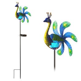 G128 - Solar Peacock Metal Yard Wind Spinner Stake 38 inch with LED Lights - Blue, Green, Yellow
