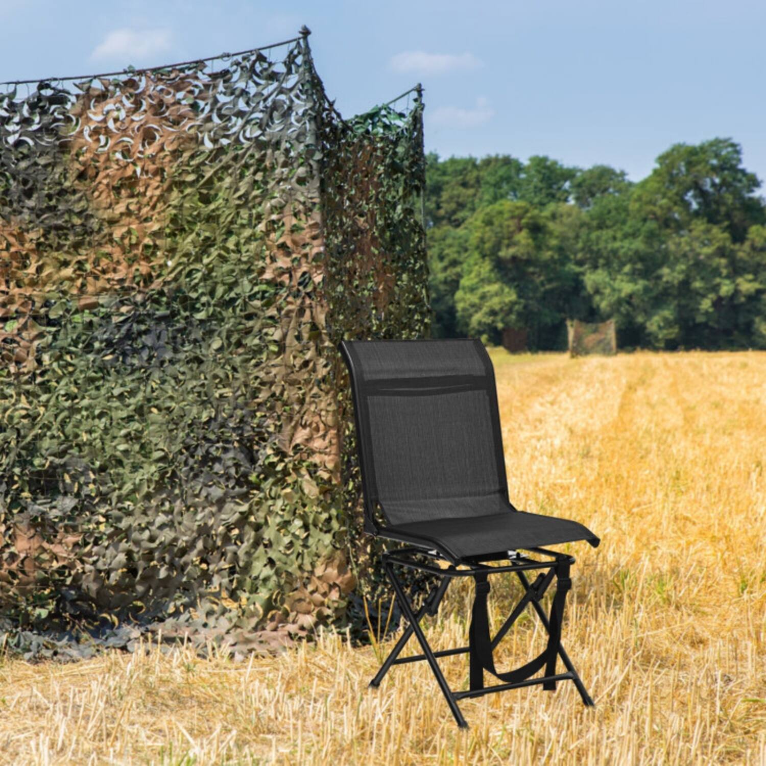 Alt View 2. Mondawe - Folding 360° Swivel Hunting Chair w Iron Frame & Carry Strap Heavy Duty 330 lbs Mesh Fabric - Black.