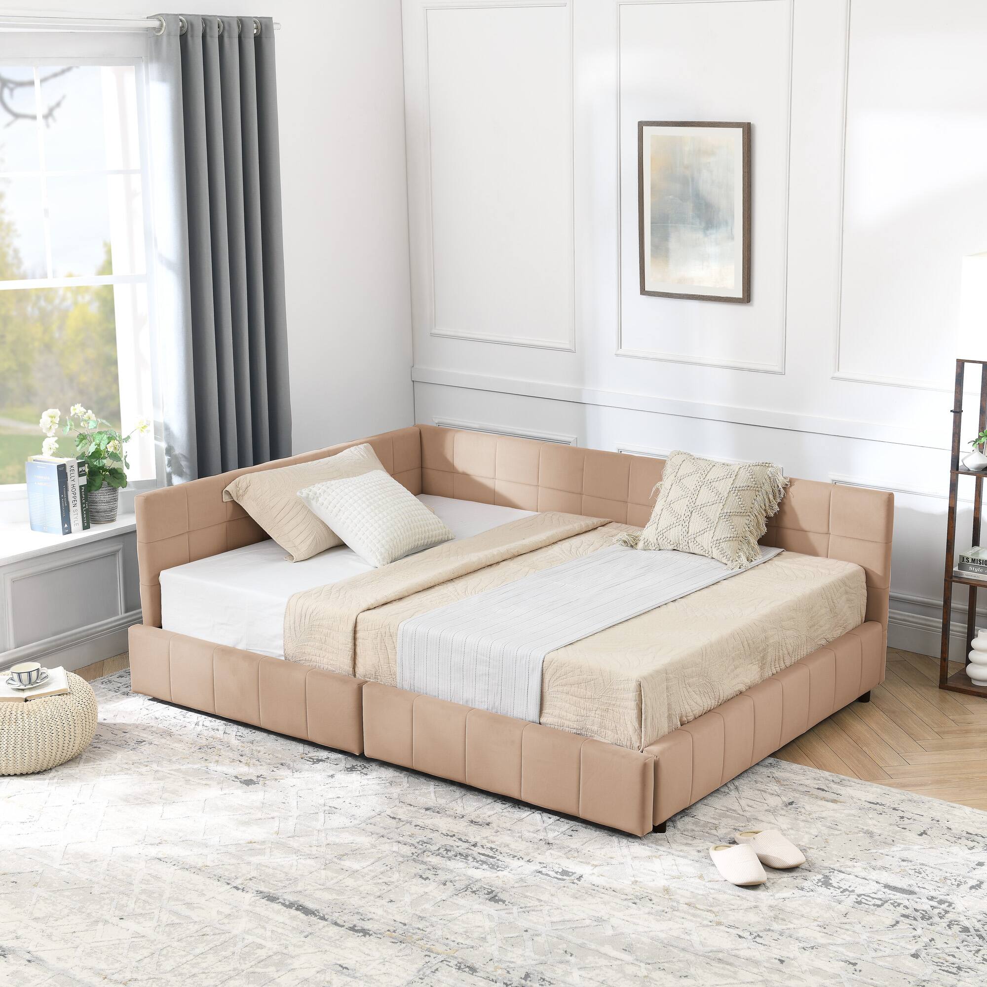Back. Anysun - Full Size Velvet Tufted Storage Bed Frame - Sofa Bed with Backrest & Armrests for Bedroom or Living Room - Pink.