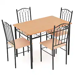 Costway - 5 PCS Dining Set Wood Metal 30" Table & 4 Chairs Upholstered Kitchen Breakfast Furniture - Brown, Black and Natural